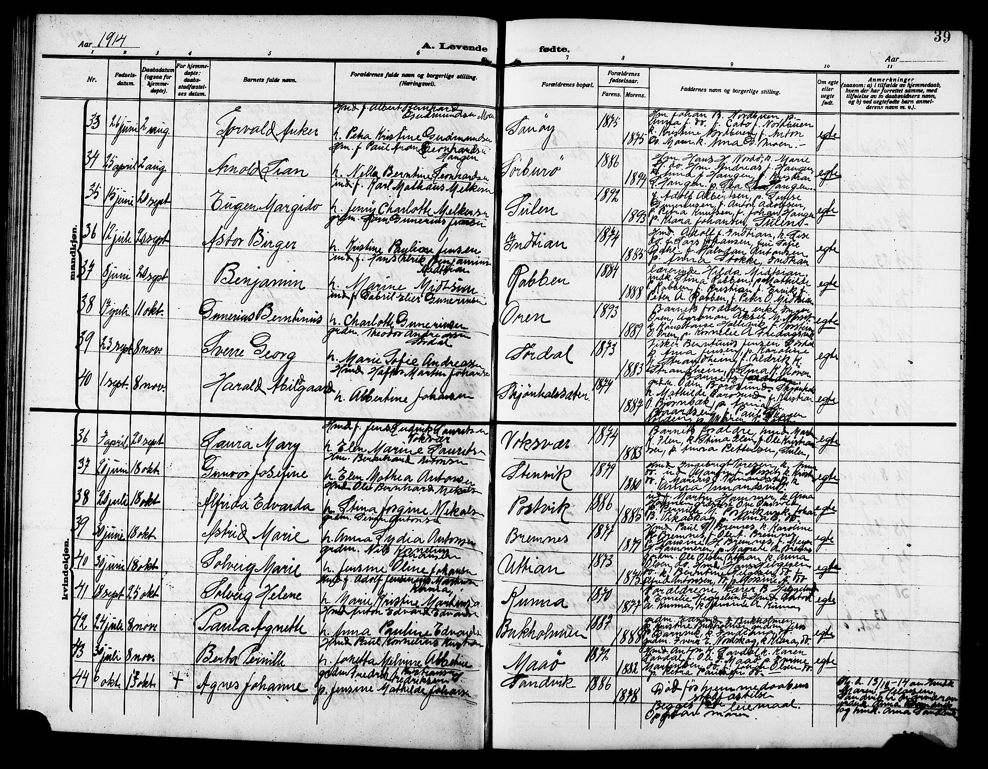 Ministerialprotokoller, klokkerbøker og fødselsregistre - Sør-Trøndelag, SAT/A-1456/640/L0588: Parish register (copy) no. 640C05, 1909-1922, p. 39