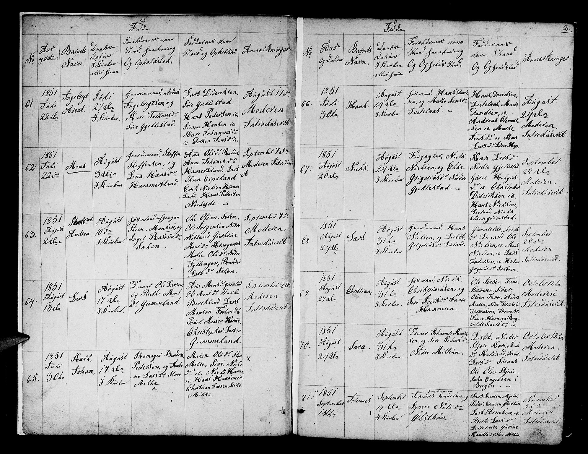 Fana Sokneprestembete, SAB/A-75101/H/Hab/Habb/L0002: Parish register (copy) no. B 2, 1851-1860, p. 2