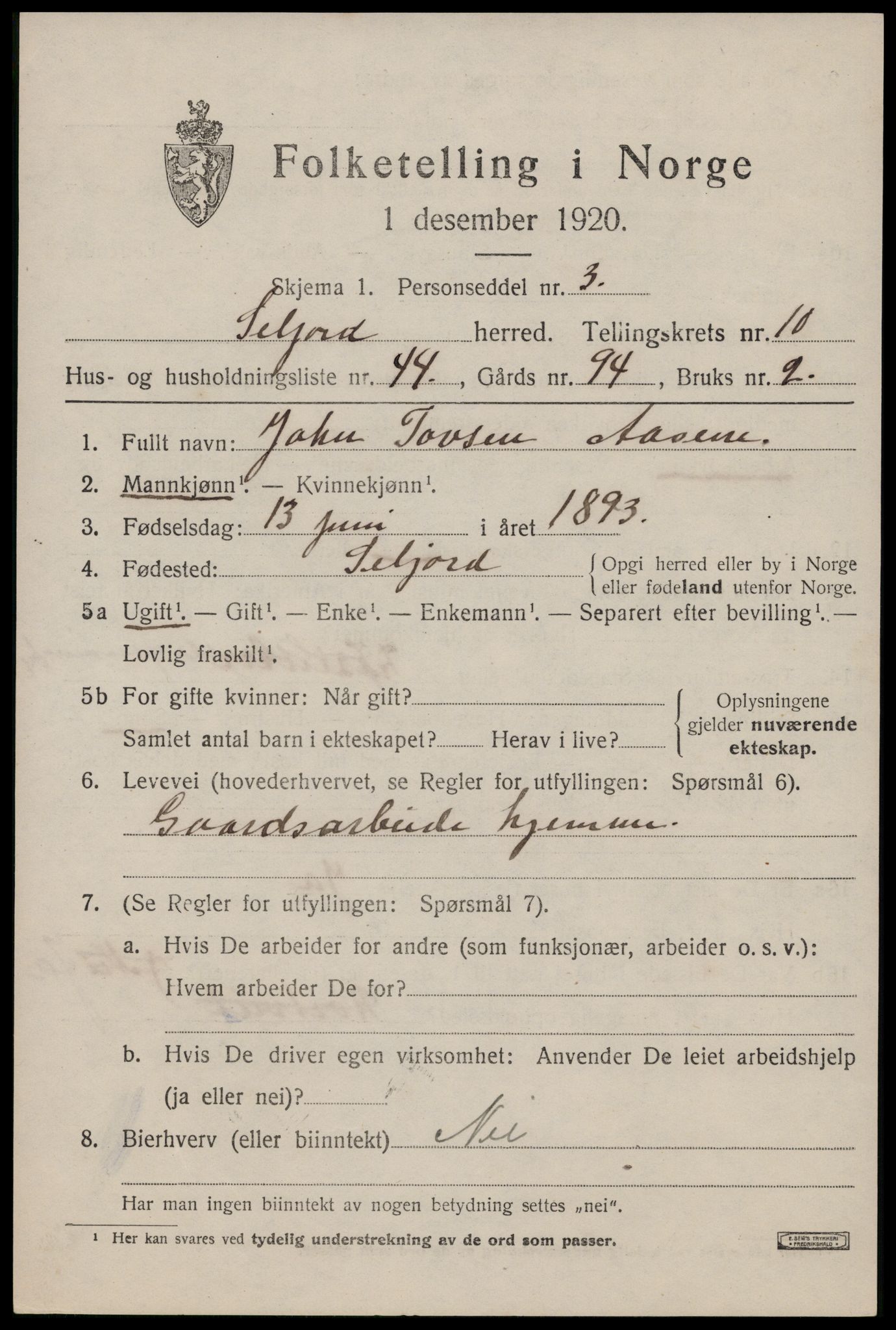 SAKO, 1920 census for Seljord, 1920, p. 5206