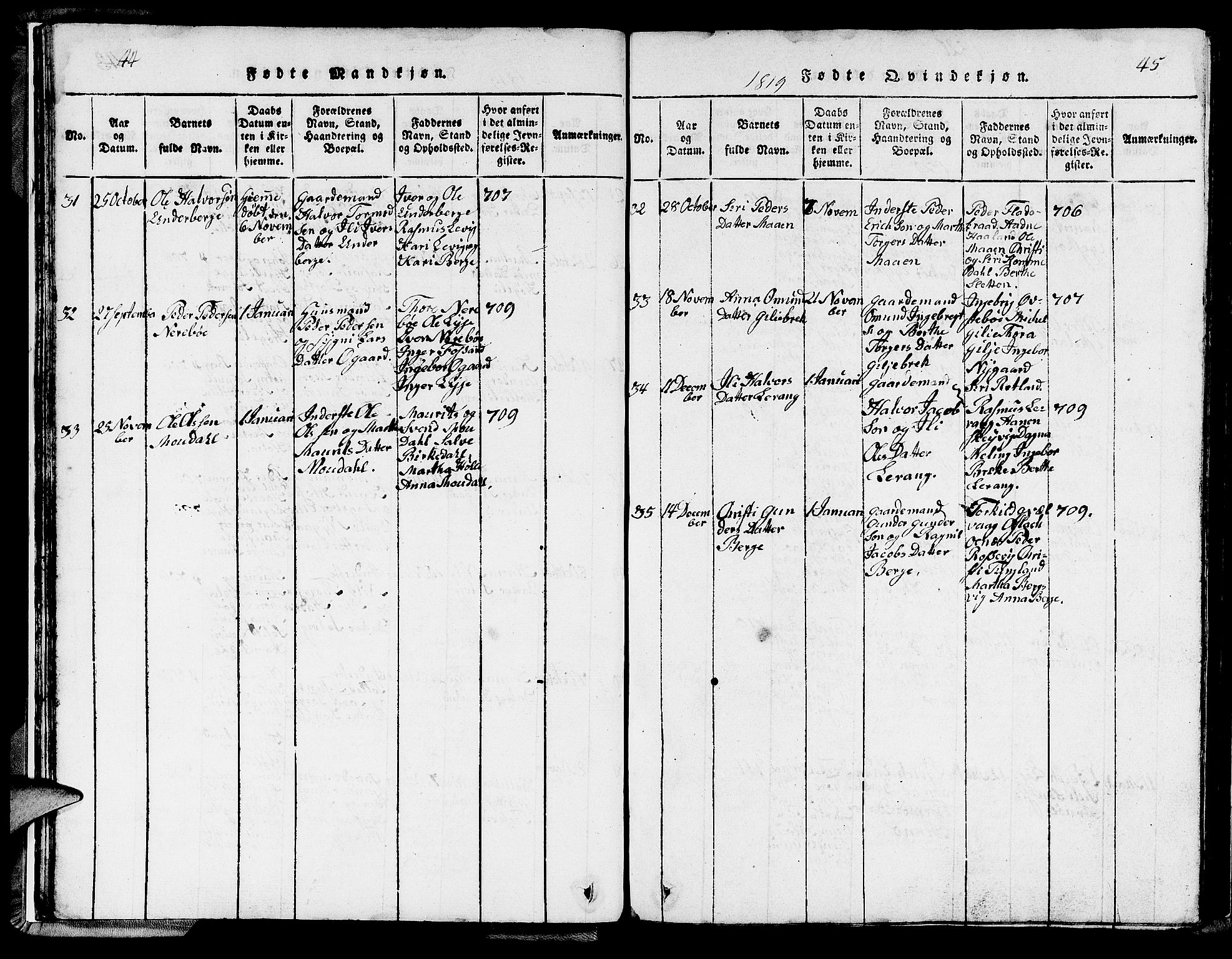 Strand sokneprestkontor, SAST/A-101828/H/Ha/Hab/L0002: Parish register (copy) no. B 2, 1816-1854, p. 44-45