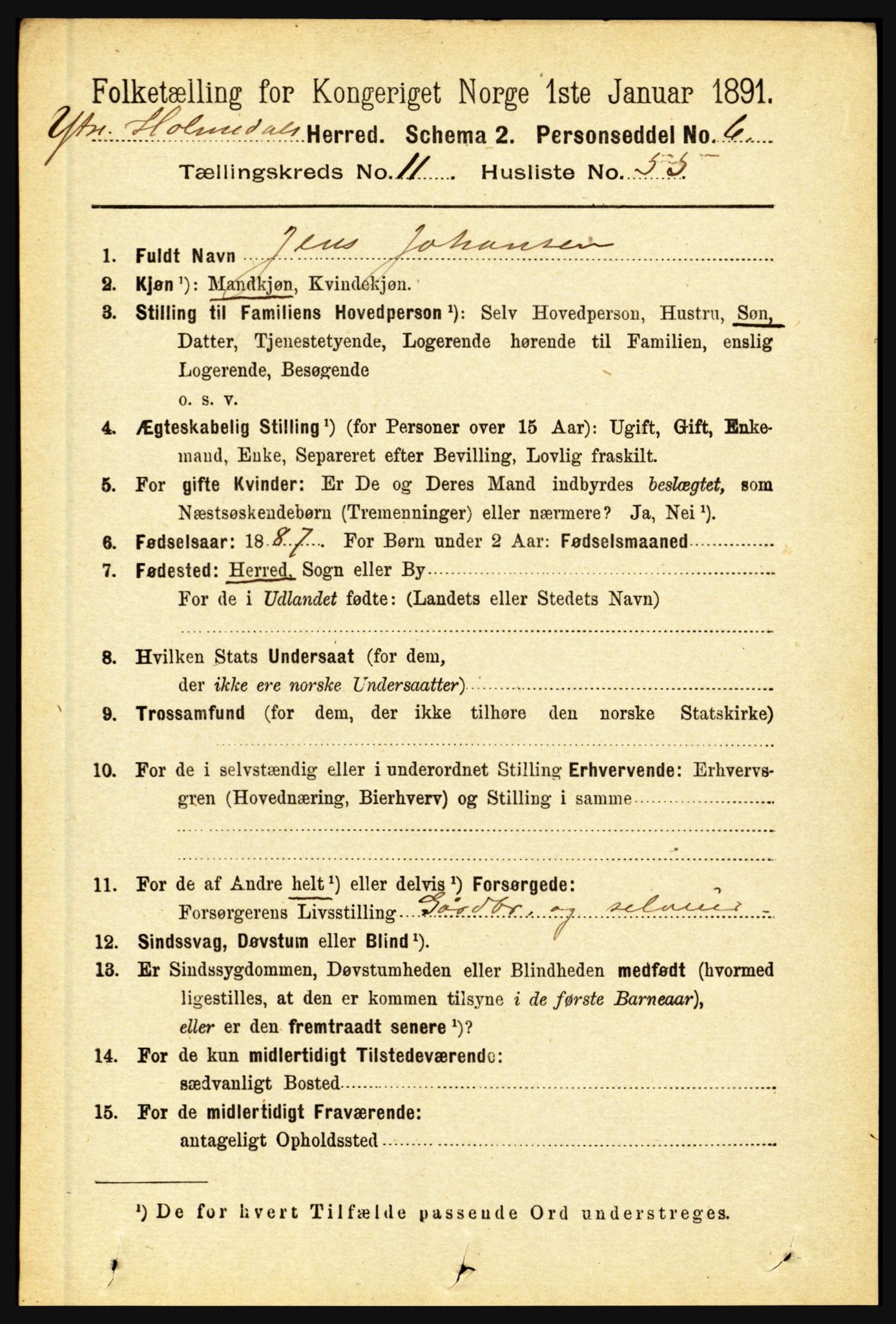 RA, 1891 census for 1429 Ytre Holmedal, 1891, p. 3135