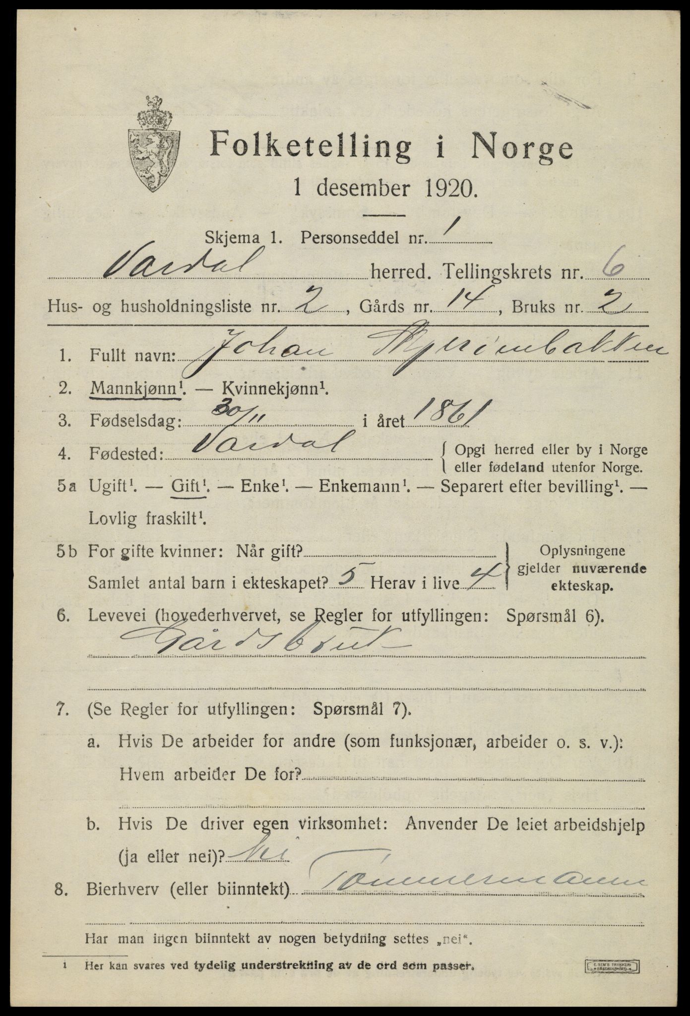 SAH, 1920 census for Vardal, 1920, p. 3877