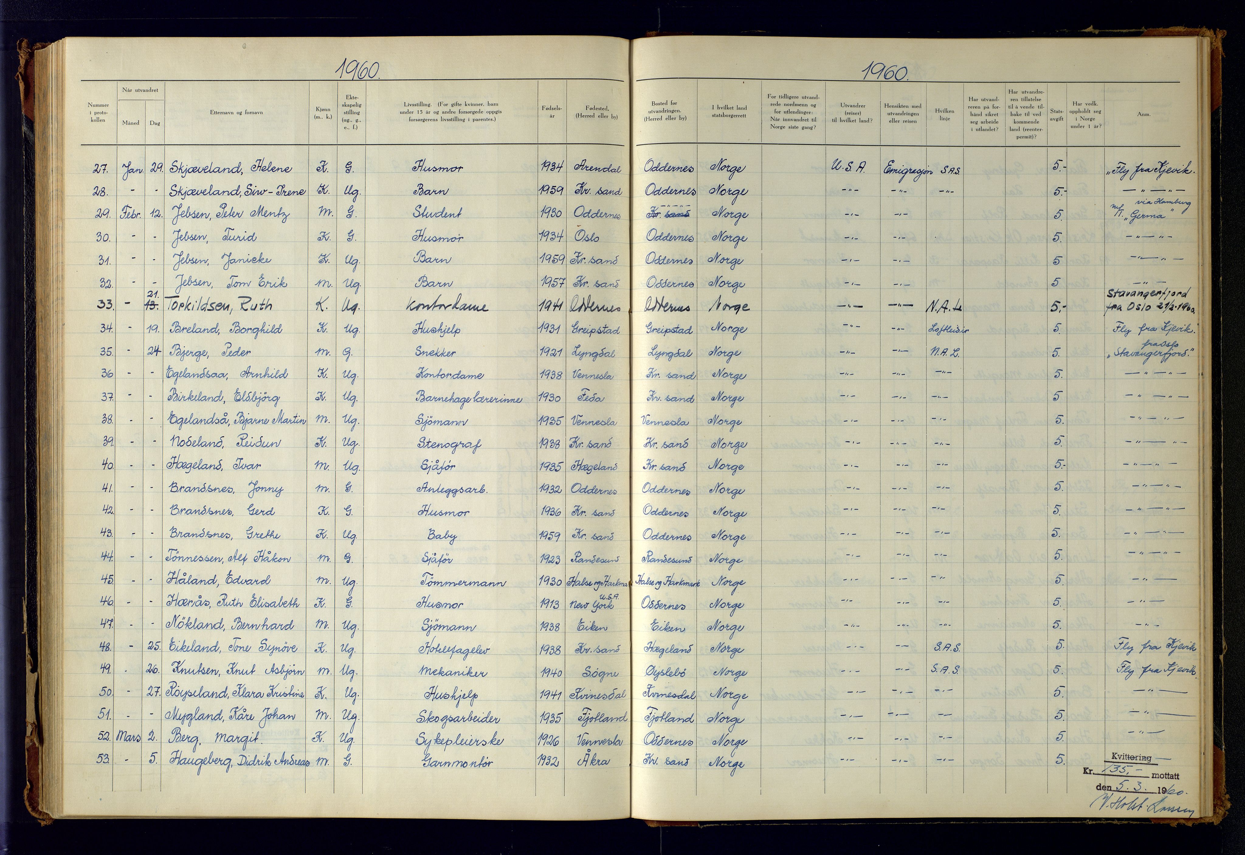 Kristiansand politikammer, AV/SAK-1243-0004/K/Kb/L0249: Emigrantprotokoll, 1951-1961, p. 168