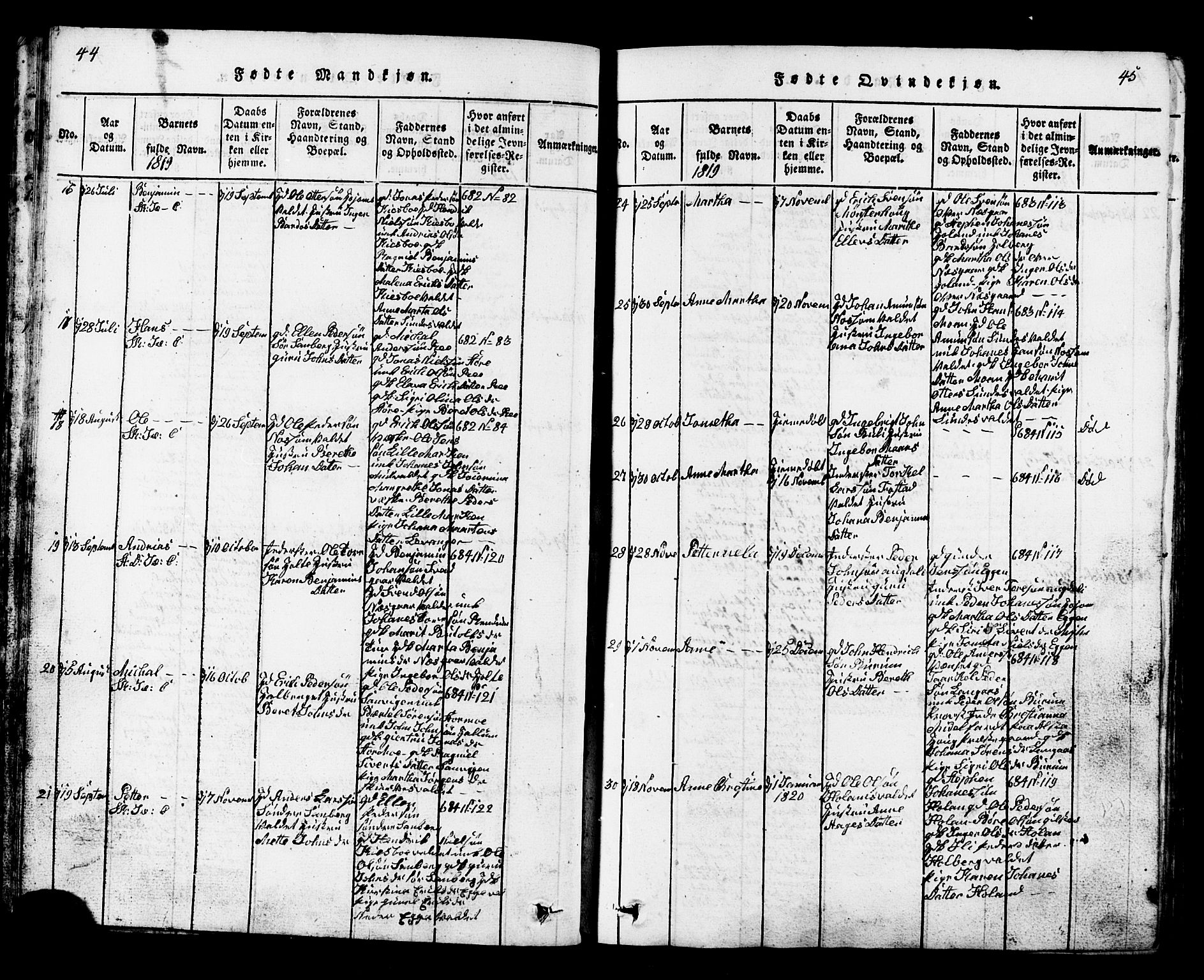 Ministerialprotokoller, klokkerbøker og fødselsregistre - Nord-Trøndelag, SAT/A-1458/717/L0169: Parish register (copy) no. 717C01, 1816-1834, p. 44-45