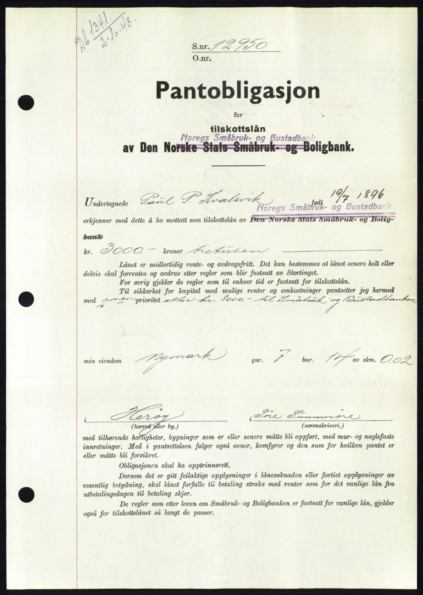 Søre Sunnmøre sorenskriveri, AV/SAT-A-4122/1/2/2C/L0116: Mortgage book no. 4B, 1948-1949, Diary no: : 1341/1948