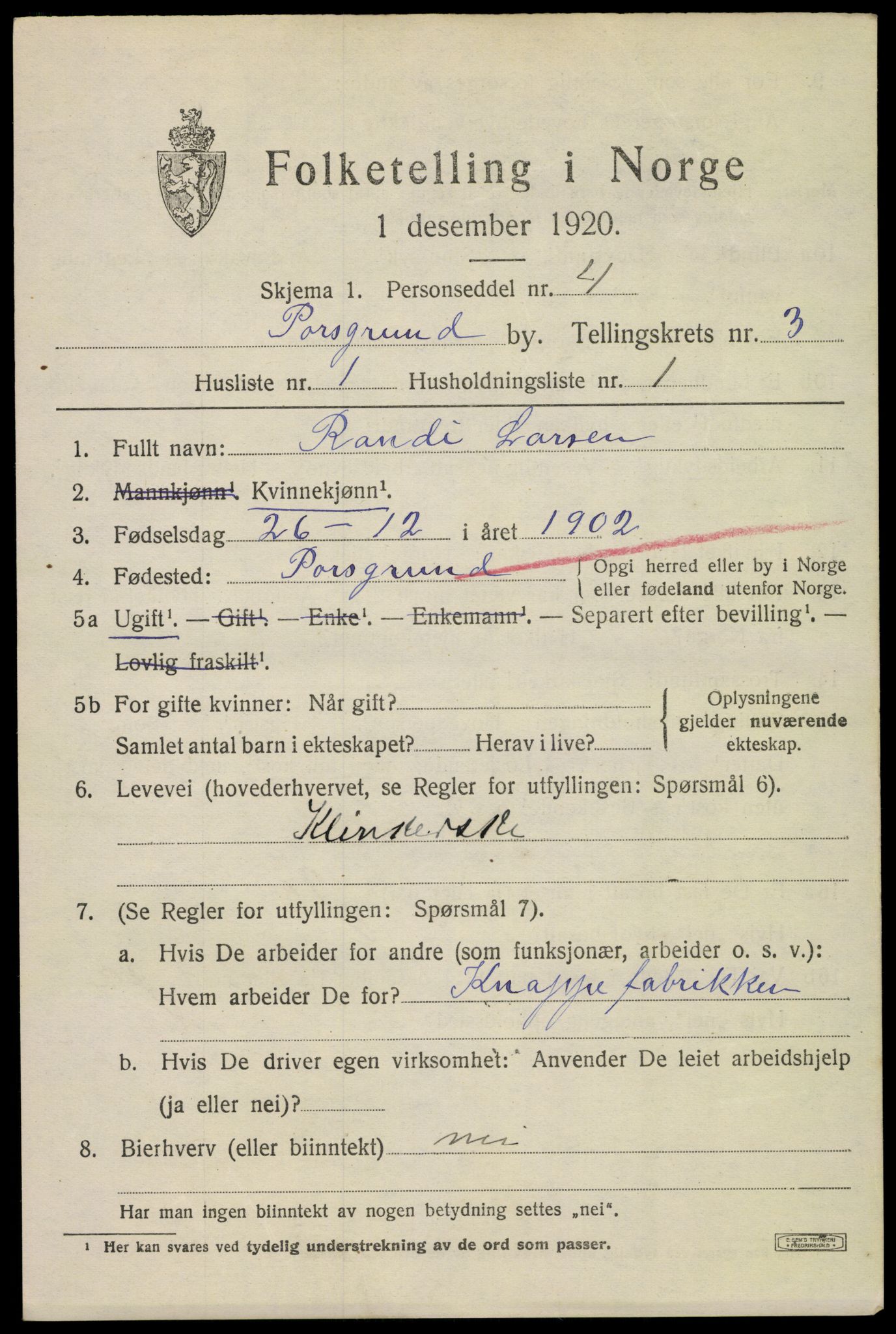 SAKO, 1920 census for Porsgrunn, 1920, p. 14451