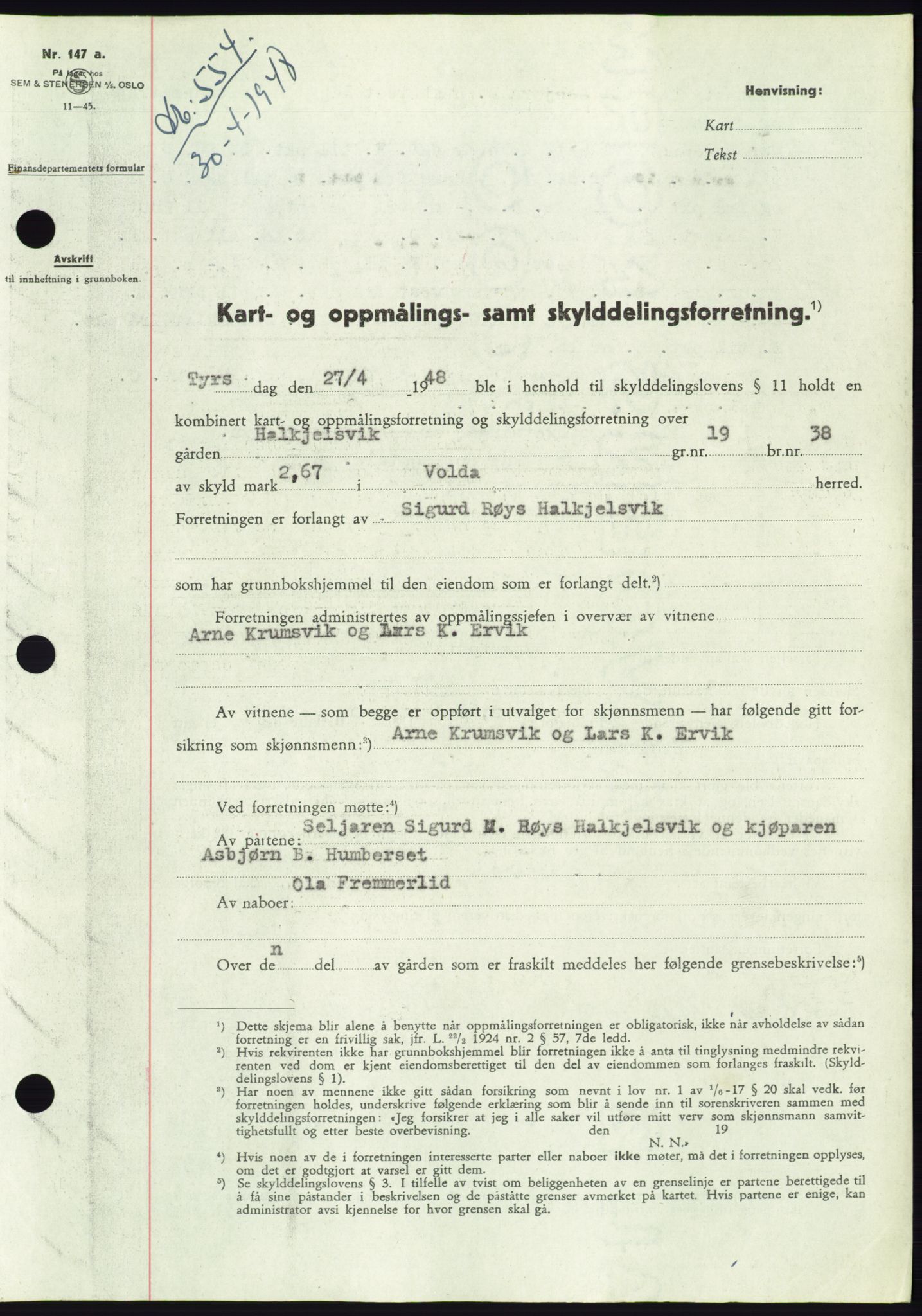 Søre Sunnmøre sorenskriveri, AV/SAT-A-4122/1/2/2C/L0082: Mortgage book no. 8A, 1948-1948, Diary no: : 554/1948