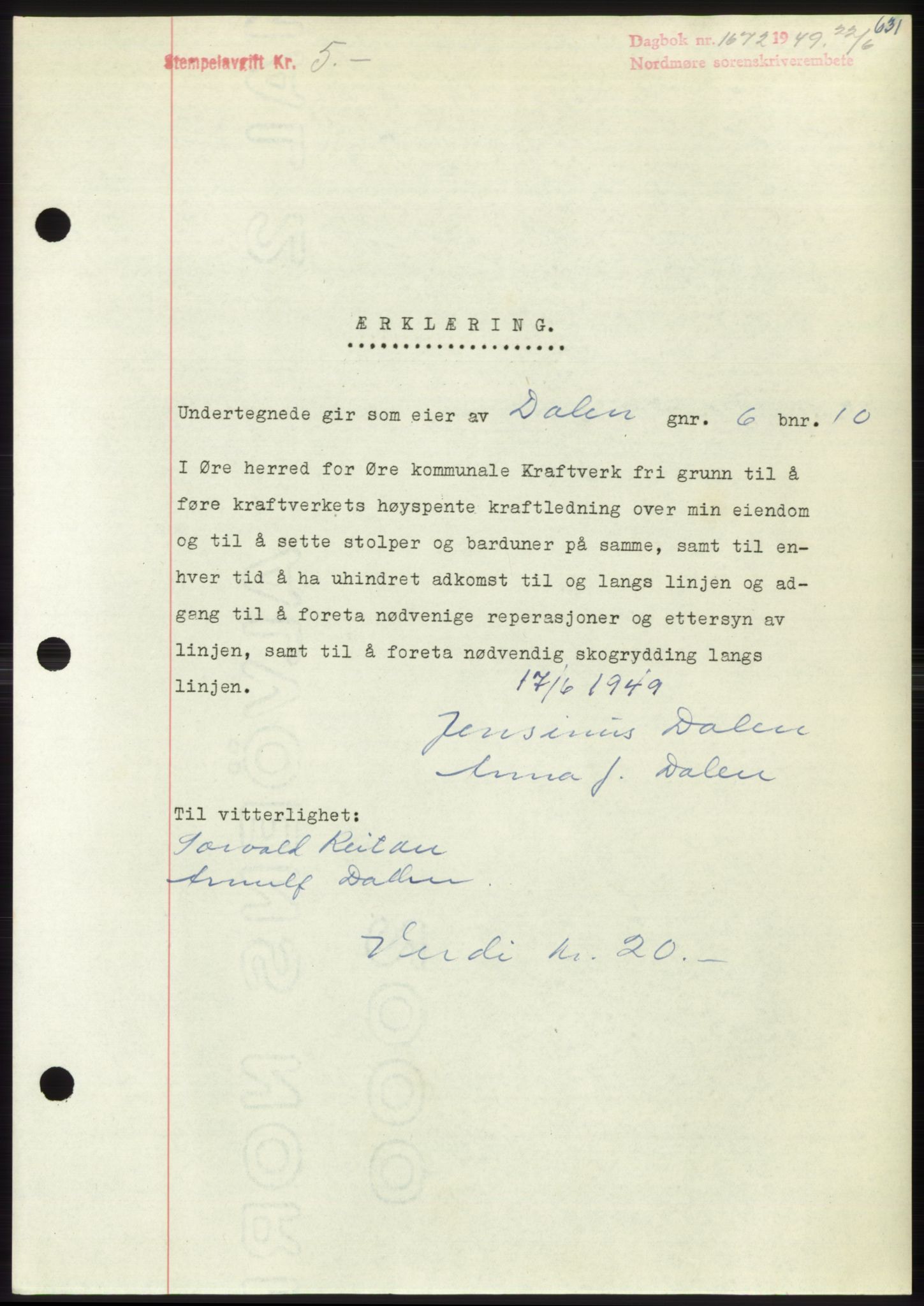 Nordmøre sorenskriveri, AV/SAT-A-4132/1/2/2Ca: Mortgage book no. B101, 1949-1949, Diary no: : 1672/1949