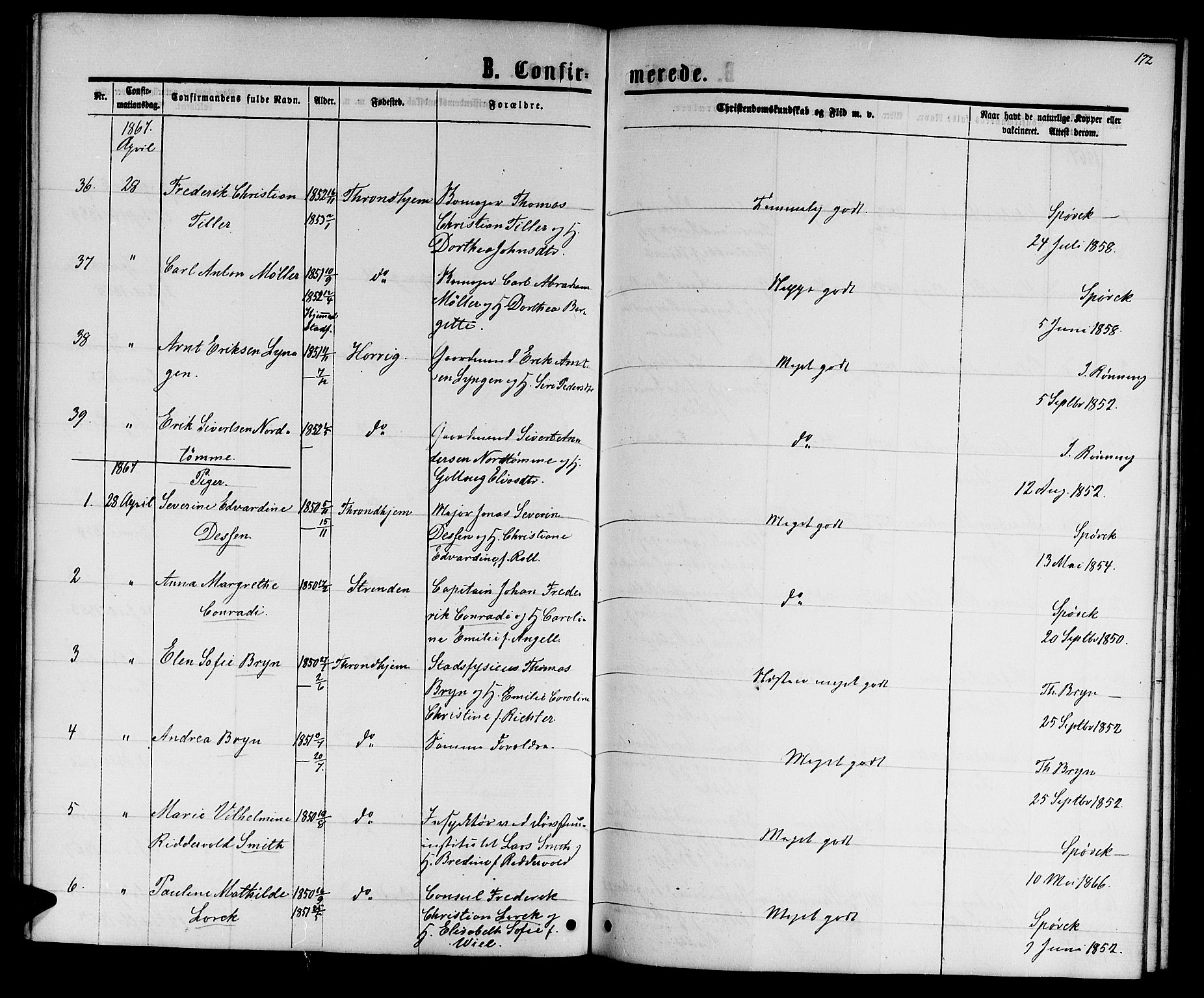 Ministerialprotokoller, klokkerbøker og fødselsregistre - Sør-Trøndelag, AV/SAT-A-1456/601/L0087: Parish register (copy) no. 601C05, 1864-1881, p. 172