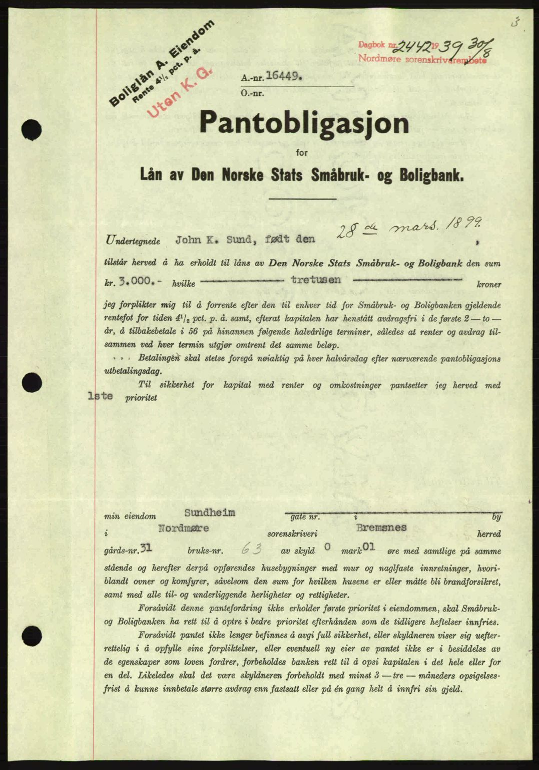 Nordmøre sorenskriveri, AV/SAT-A-4132/1/2/2Ca: Mortgage book no. B86, 1939-1940, Diary no: : 2442/1939