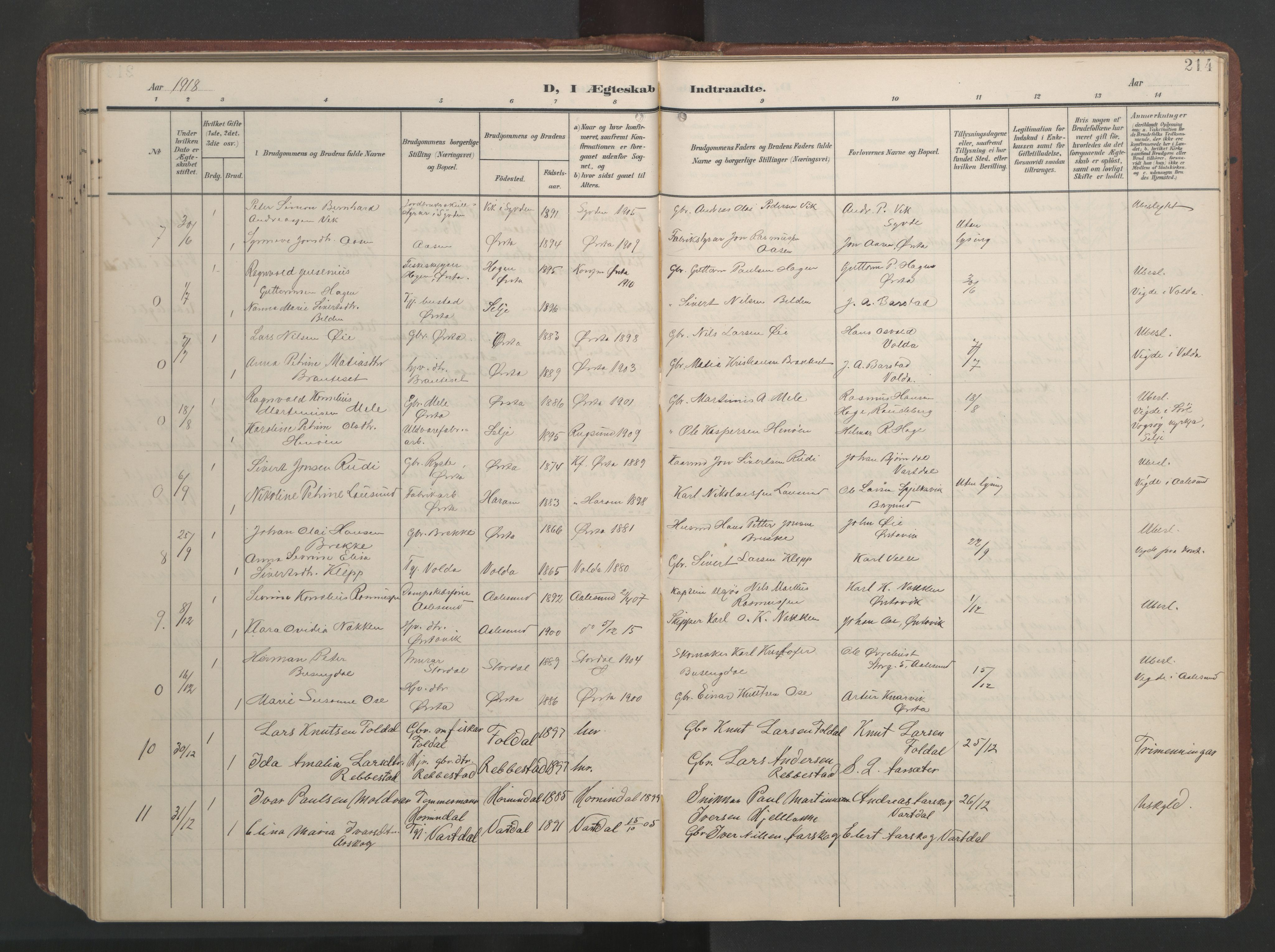 Ministerialprotokoller, klokkerbøker og fødselsregistre - Møre og Romsdal, AV/SAT-A-1454/513/L0190: Parish register (copy) no. 513C04, 1904-1926, p. 214