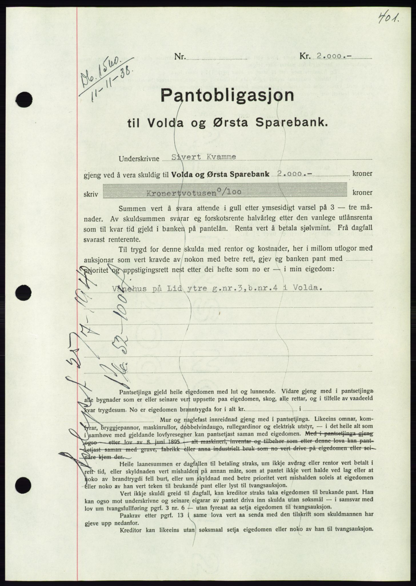 Søre Sunnmøre sorenskriveri, AV/SAT-A-4122/1/2/2C/L0066: Mortgage book no. 60, 1938-1938, Diary no: : 1560/1938