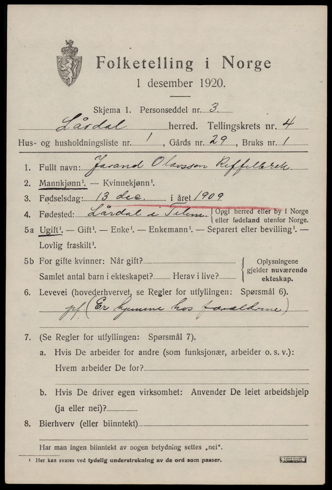 SAKO, 1920 census for Lårdal, 1920, p. 2145