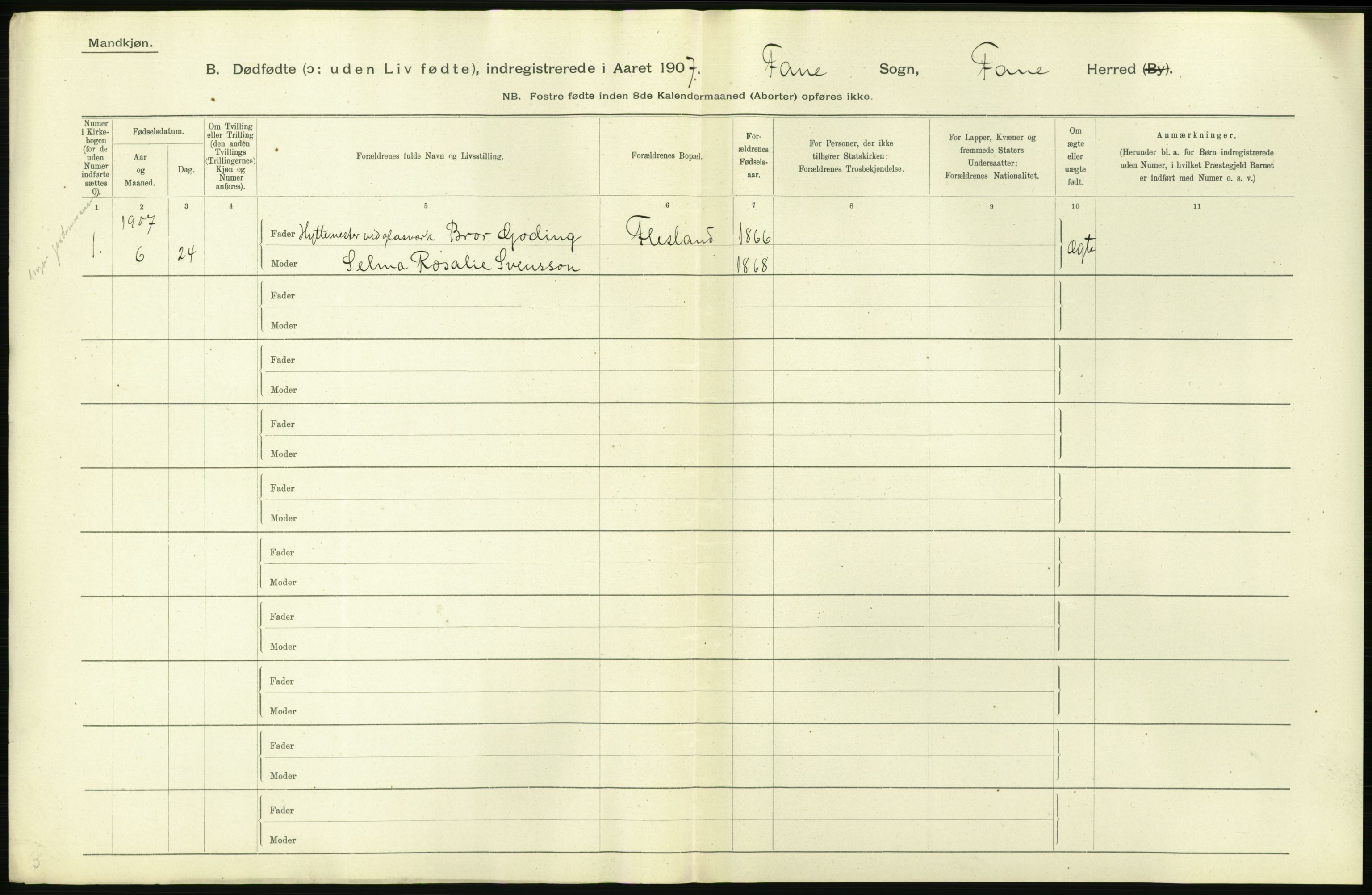 Statistisk sentralbyrå, Sosiodemografiske emner, Befolkning, RA/S-2228/D/Df/Dfa/Dfae/L0029: S. Bergenhus amt: Gifte, dødfødte. Bygder., 1907, p. 238