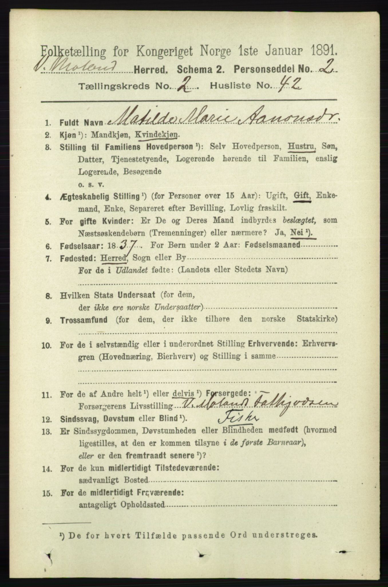RA, 1891 census for 0926 Vestre Moland, 1891, p. 838