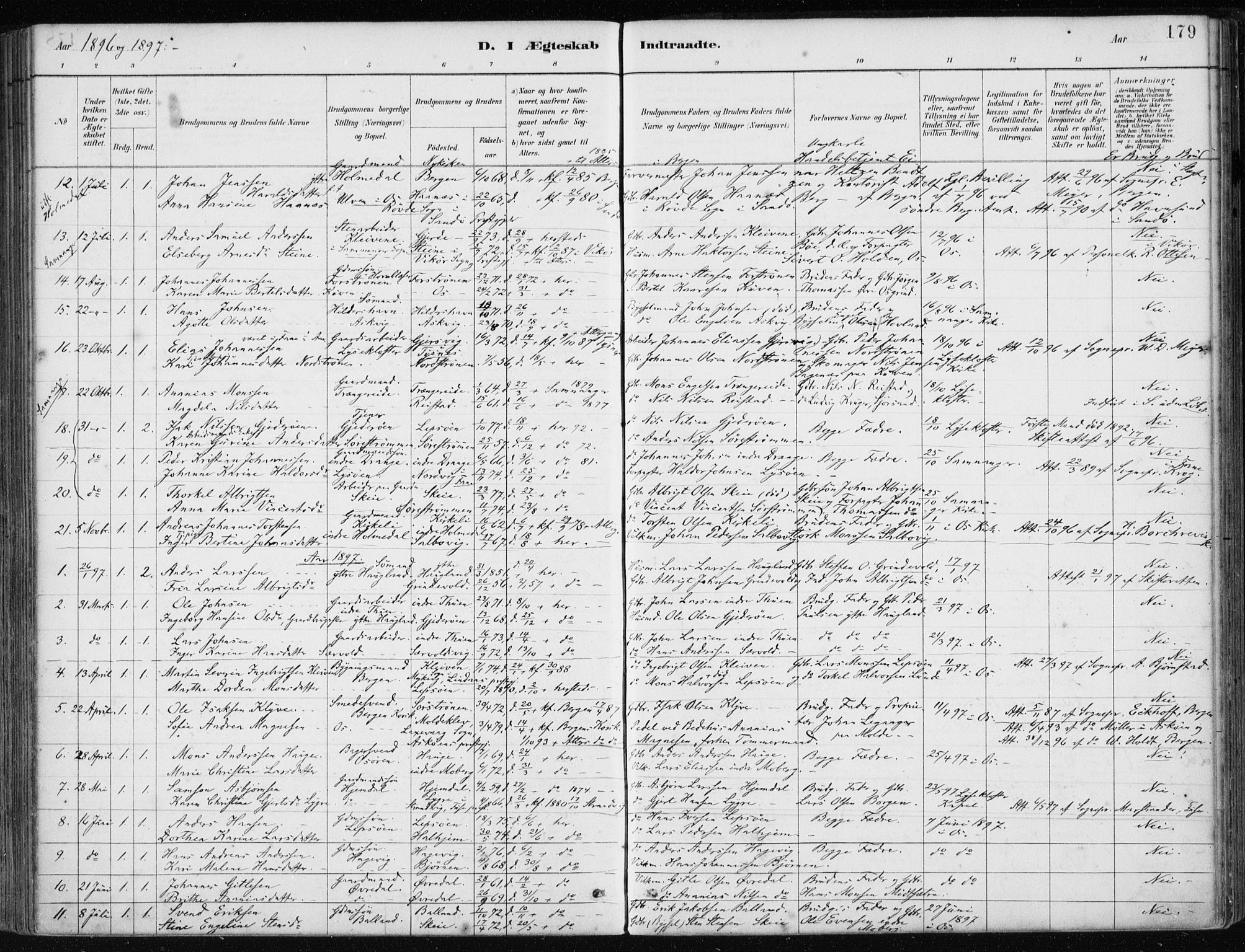 Os sokneprestembete, SAB/A-99929: Parish register (official) no. B 1, 1885-1902, p. 179