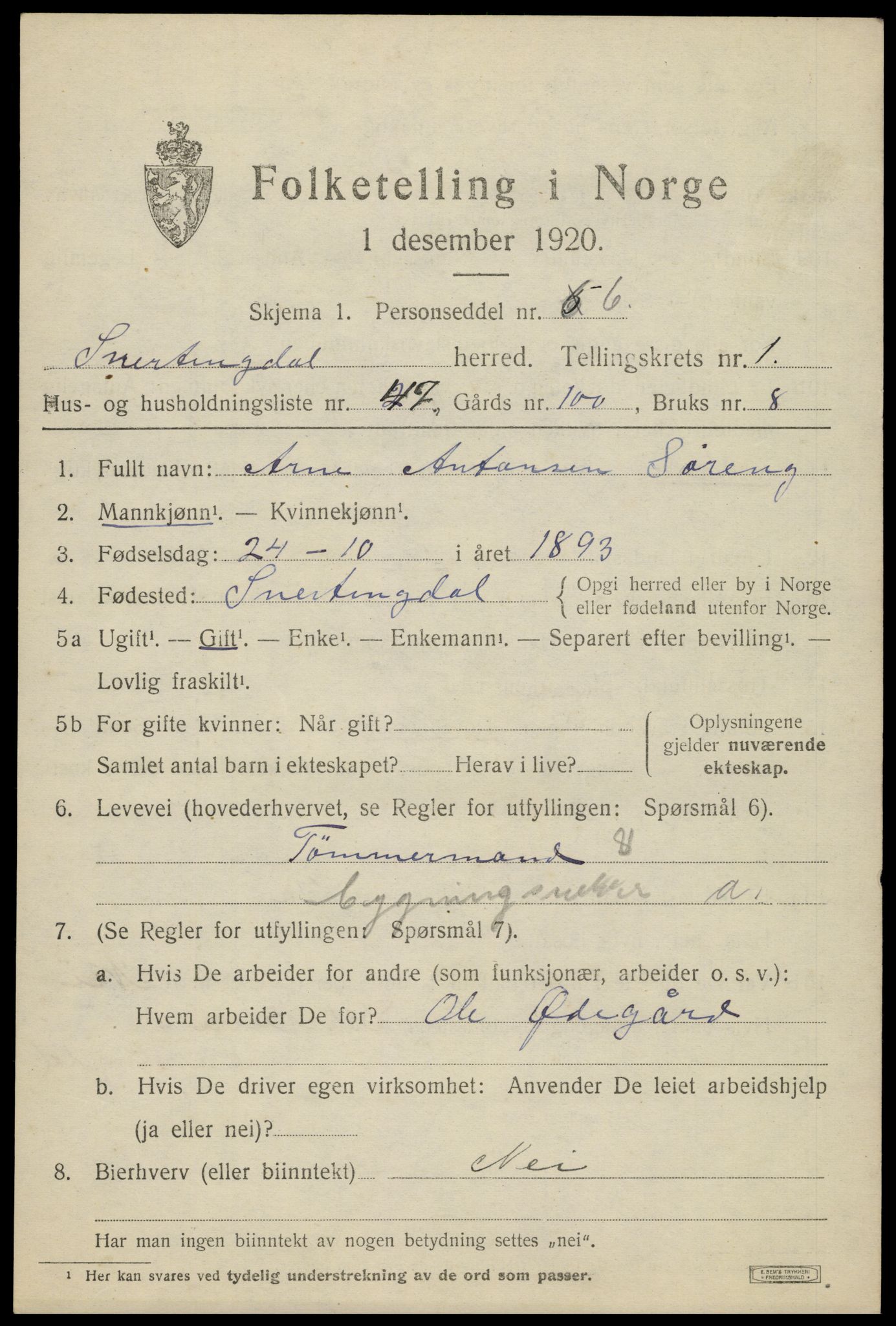 SAH, 1920 census for Snertingdal, 1920, p. 1355