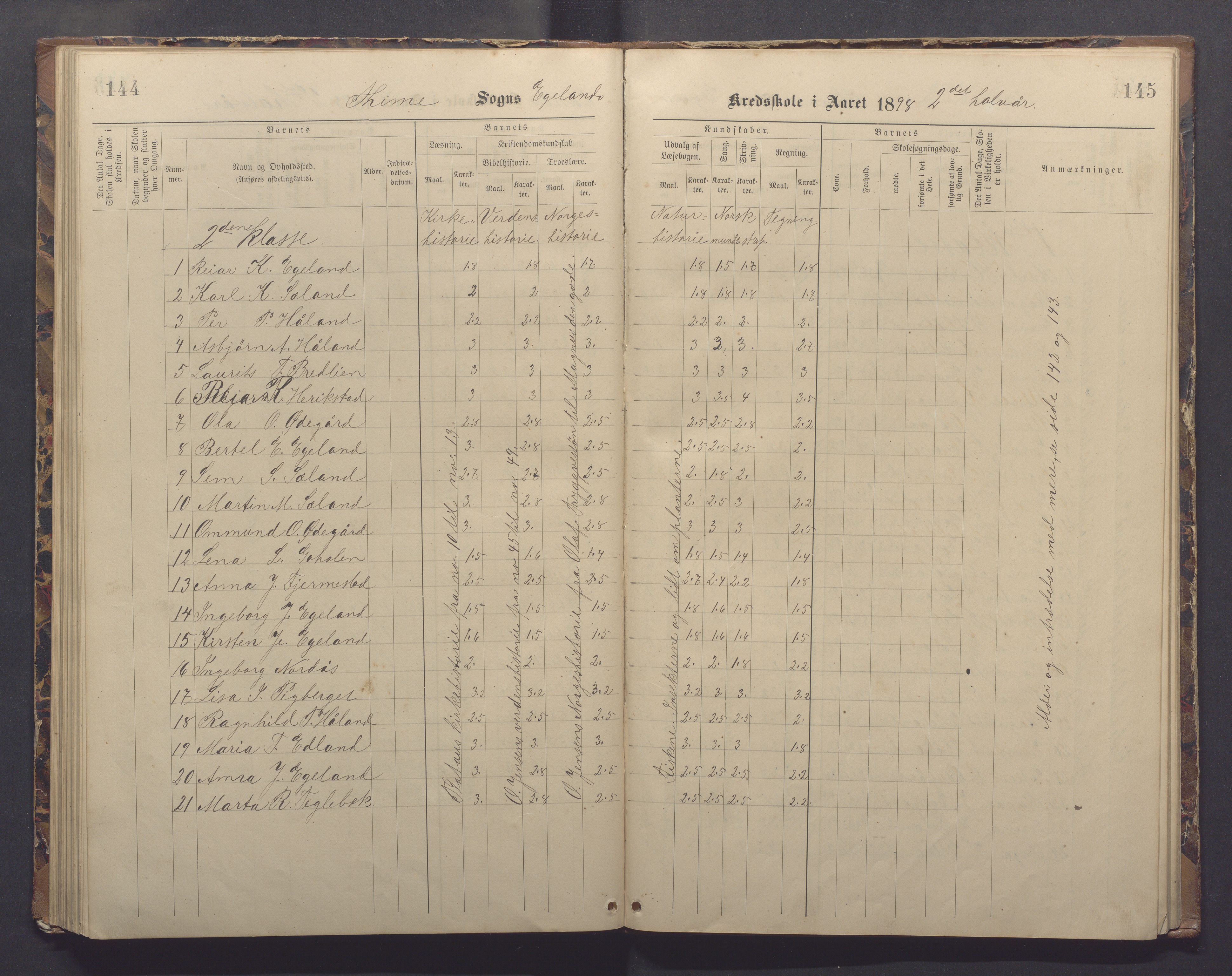 Time kommune - Eikeland skole, IKAR/K-100799/H/L0002: Skoleprotokoll, 1888-1902, p. 144-145