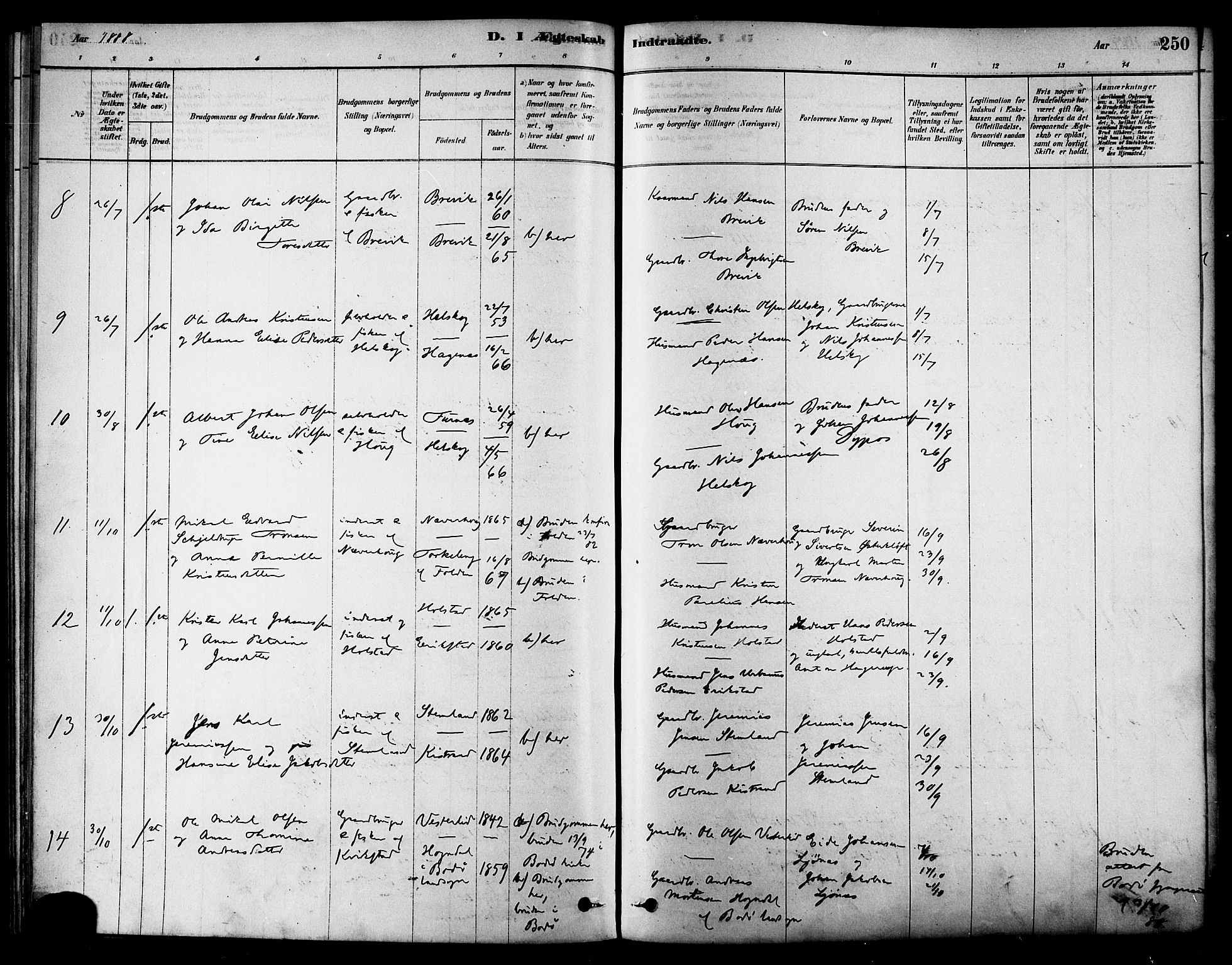 Ministerialprotokoller, klokkerbøker og fødselsregistre - Nordland, AV/SAT-A-1459/852/L0740: Parish register (official) no. 852A10, 1878-1894, p. 250