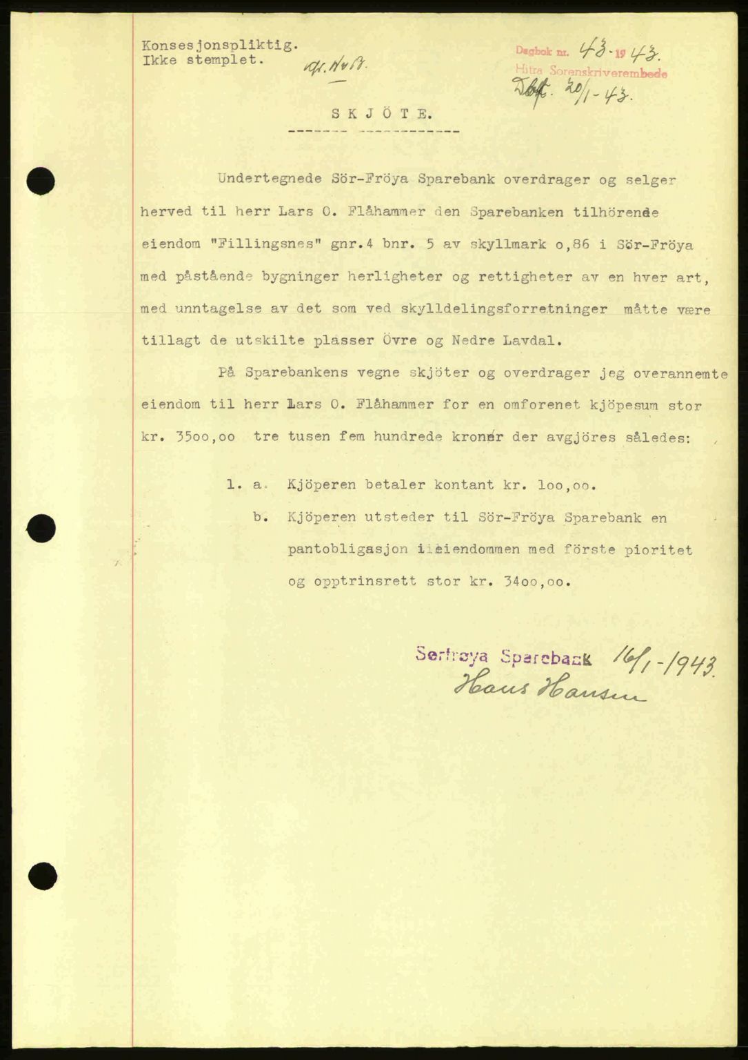 Hitra sorenskriveri, AV/SAT-A-0018/2/2C/2Ca: Mortgage book no. A2, 1943-1945, Diary no: : 43/1943