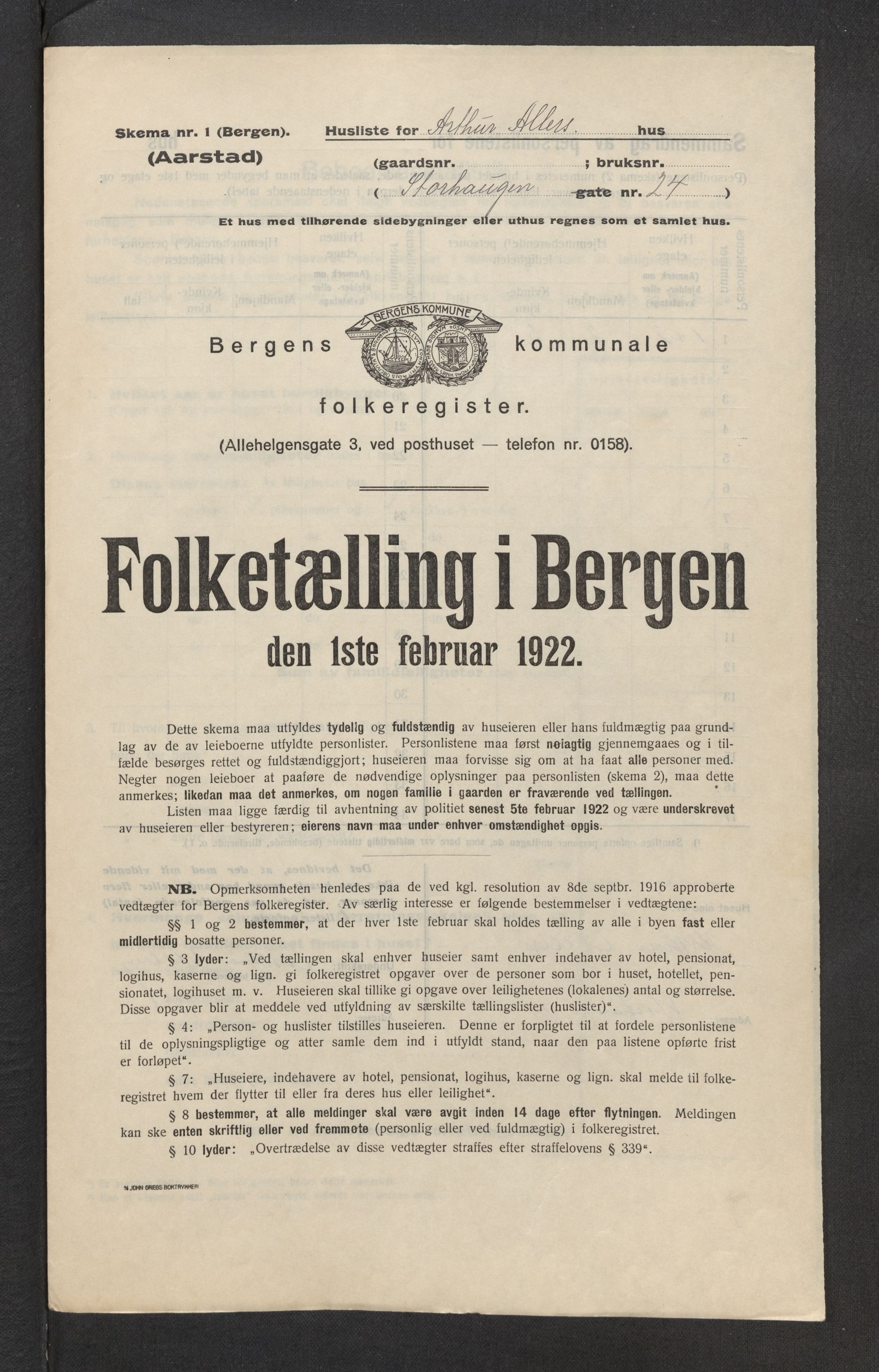 SAB, Municipal Census 1922 for Bergen, 1922, p. 58727