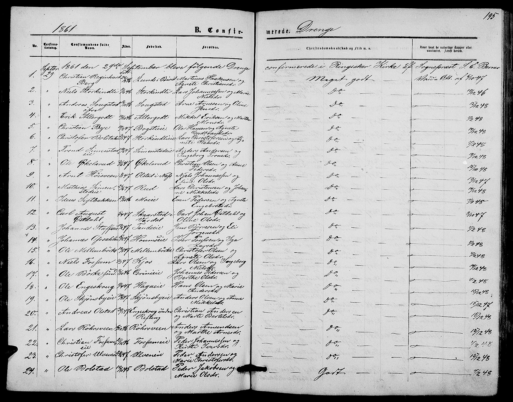 Ringsaker prestekontor, AV/SAH-PREST-014/L/La/L0007: Parish register (copy) no. 7, 1861-1869, p. 195