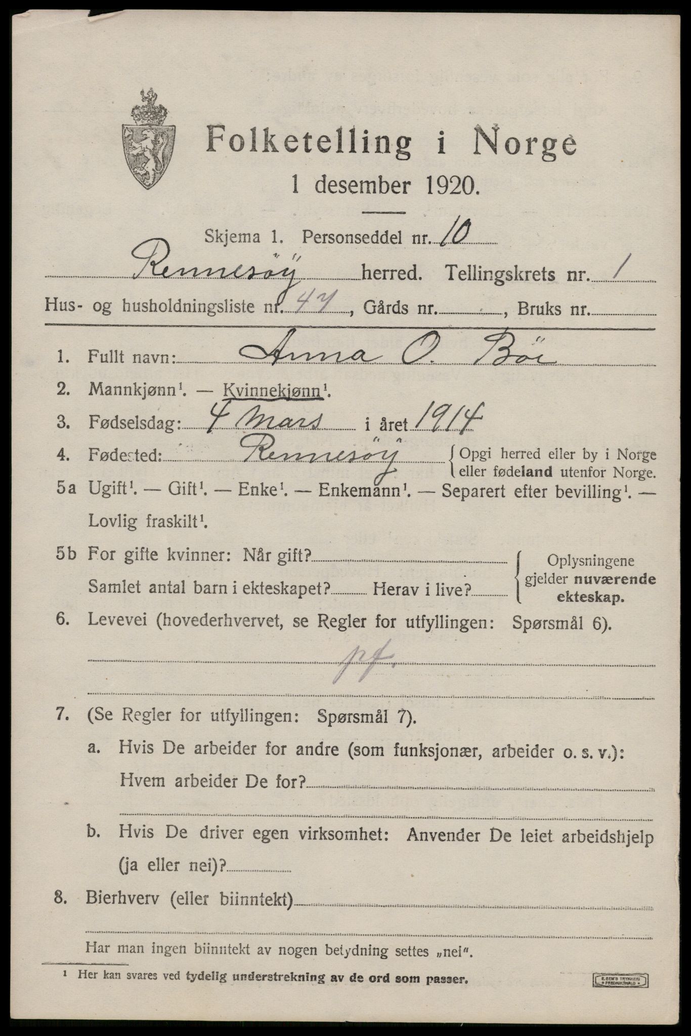 SAST, 1920 census for Rennesøy, 1920, p. 1012