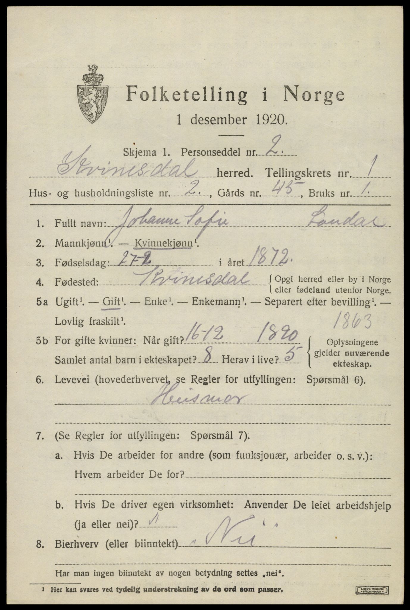SAK, 1920 census for Kvinesdal, 1920, p. 1359