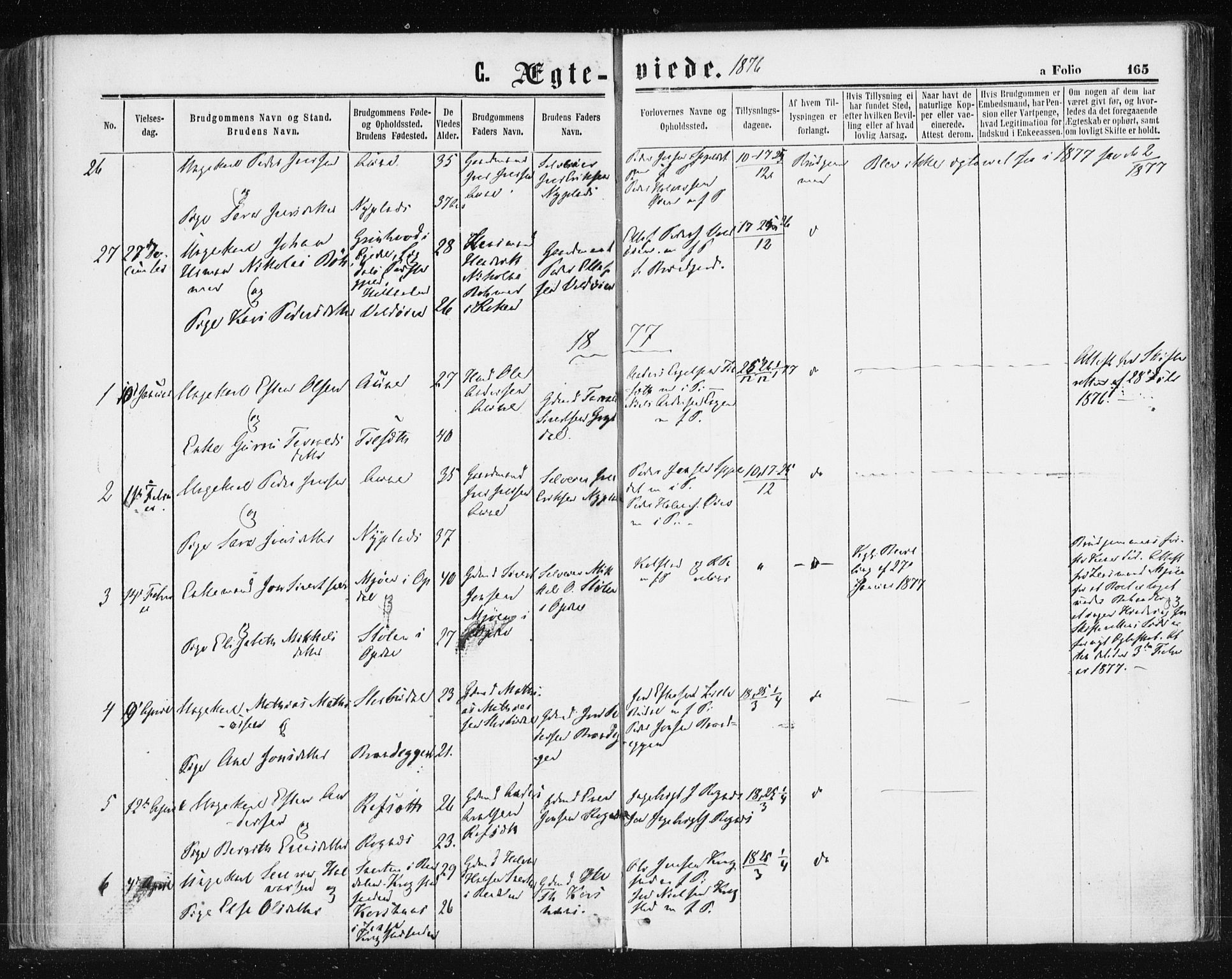 Ministerialprotokoller, klokkerbøker og fødselsregistre - Sør-Trøndelag, SAT/A-1456/687/L1001: Parish register (official) no. 687A07, 1863-1878, p. 165