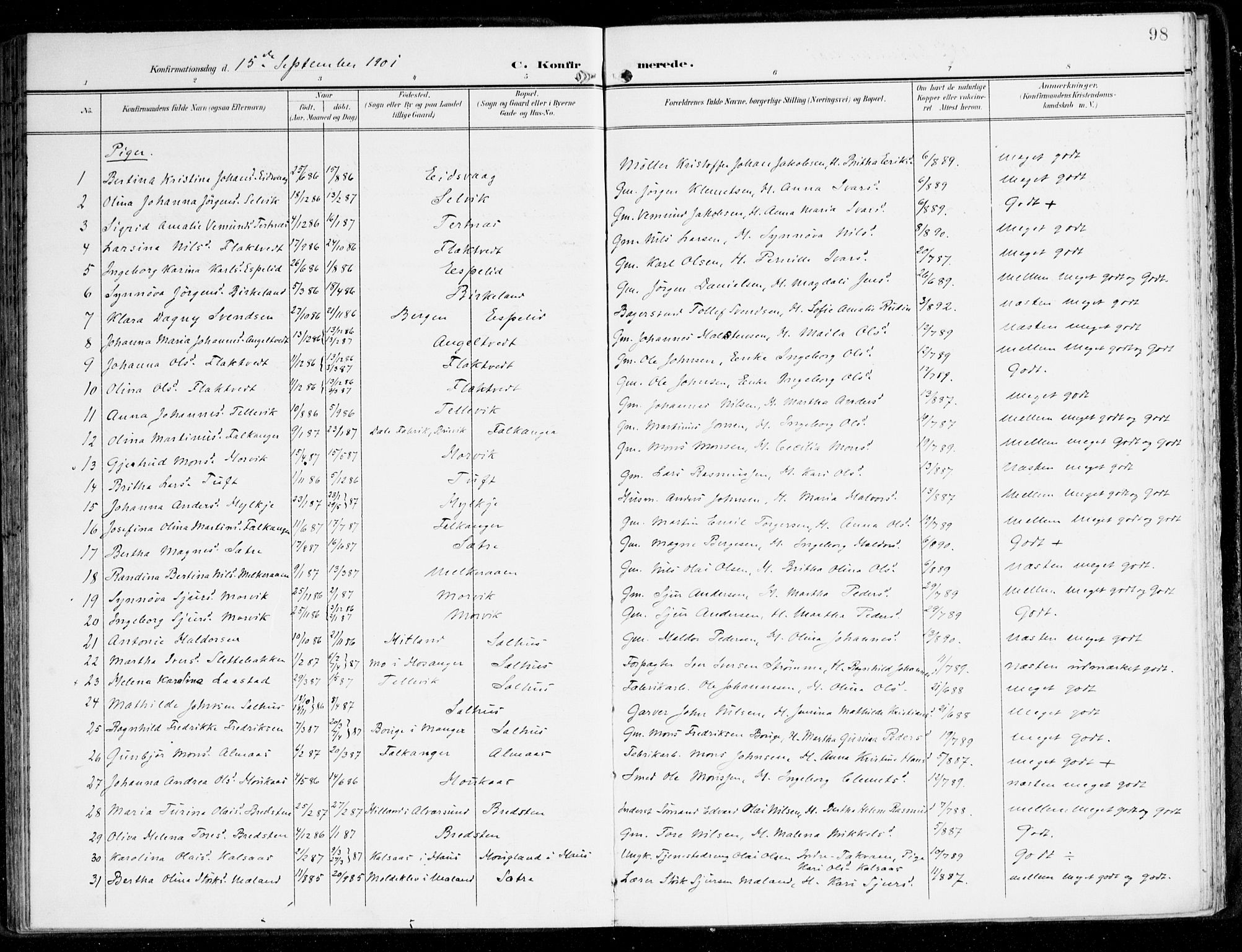 Hamre sokneprestembete, SAB/A-75501/H/Ha/Haa/Haad/L0002: Parish register (official) no. D 2, 1899-1916, p. 98