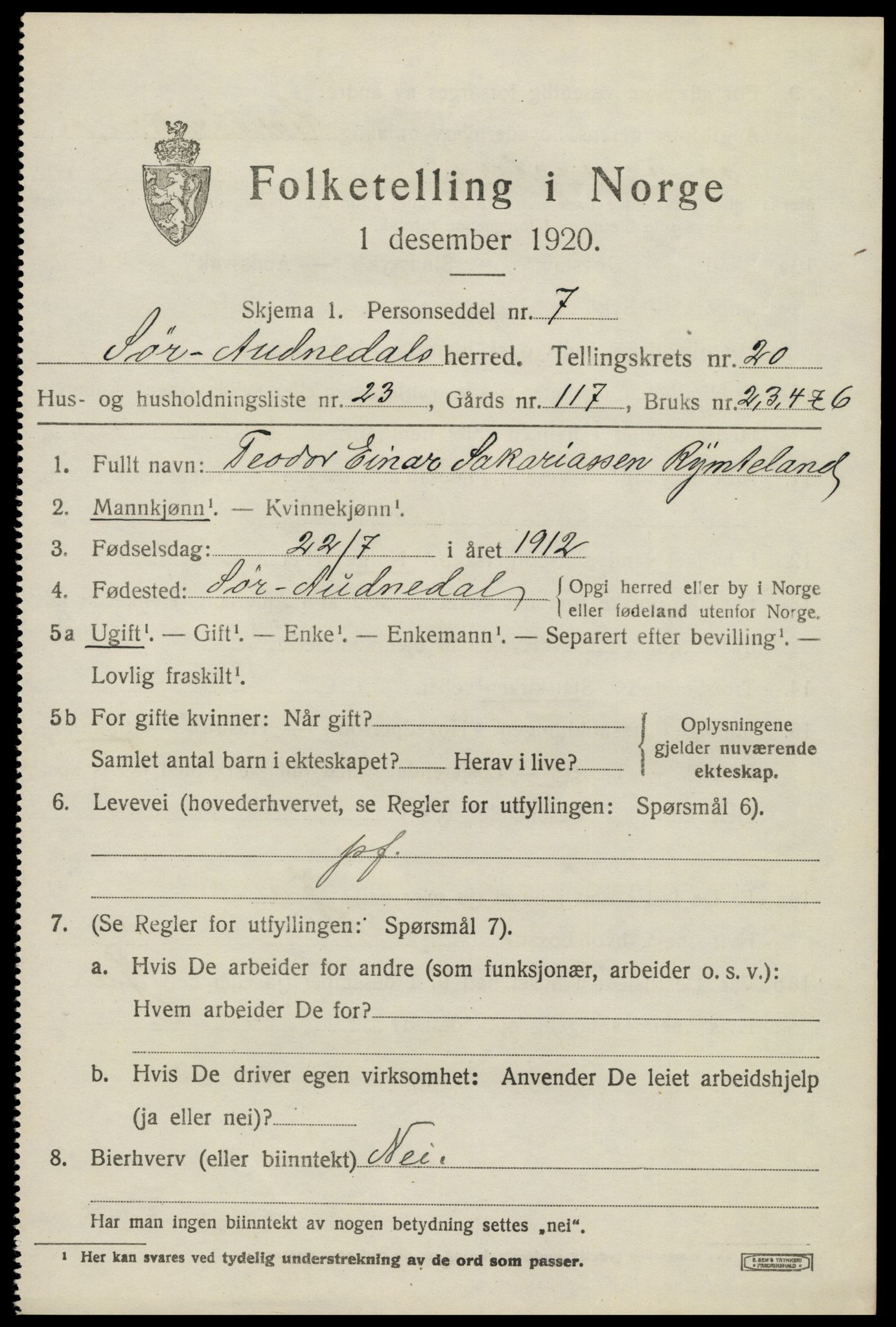 SAK, 1920 census for Sør-Audnedal, 1920, p. 6905