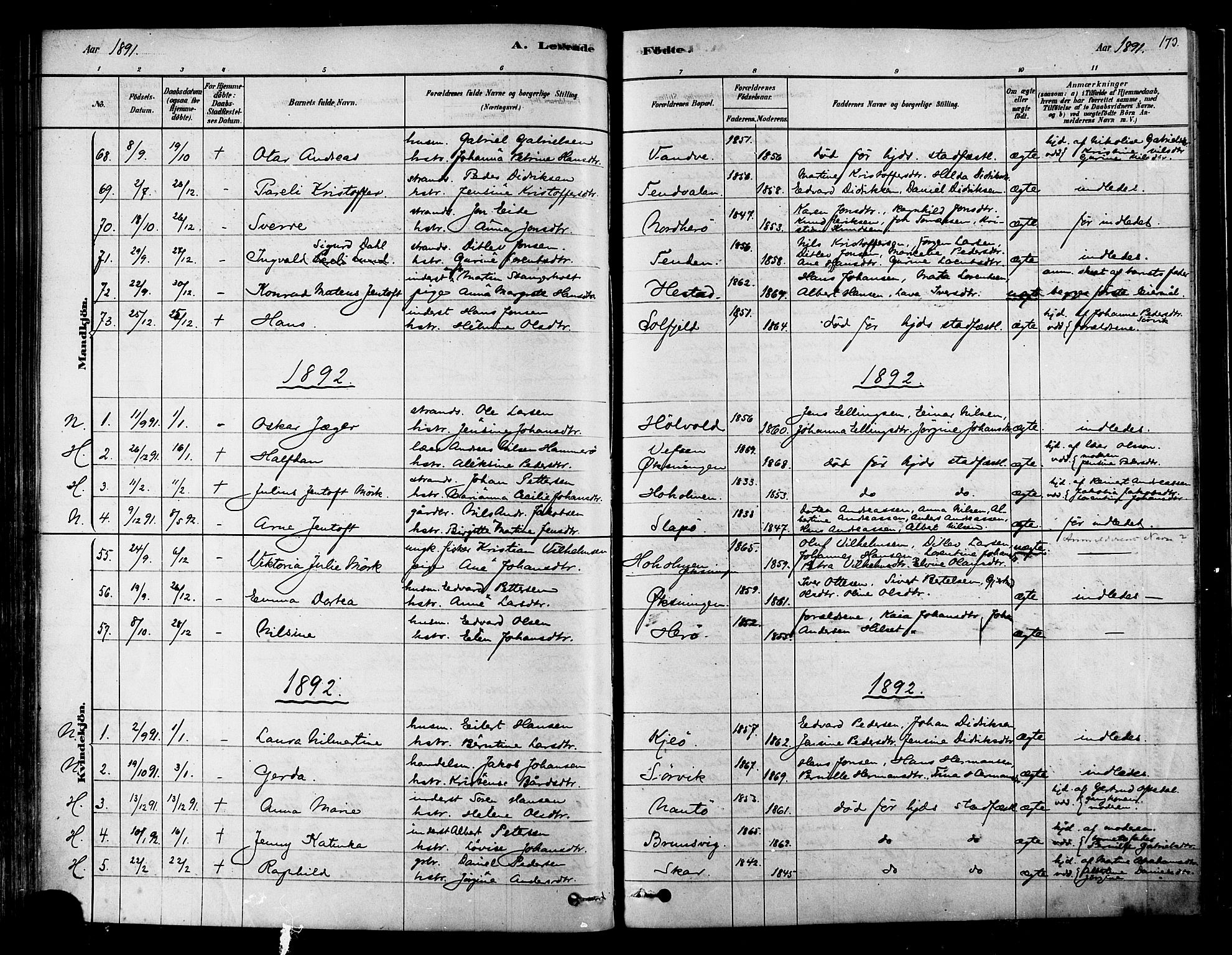 Ministerialprotokoller, klokkerbøker og fødselsregistre - Nordland, SAT/A-1459/834/L0507: Parish register (official) no. 834A05, 1878-1892, p. 173