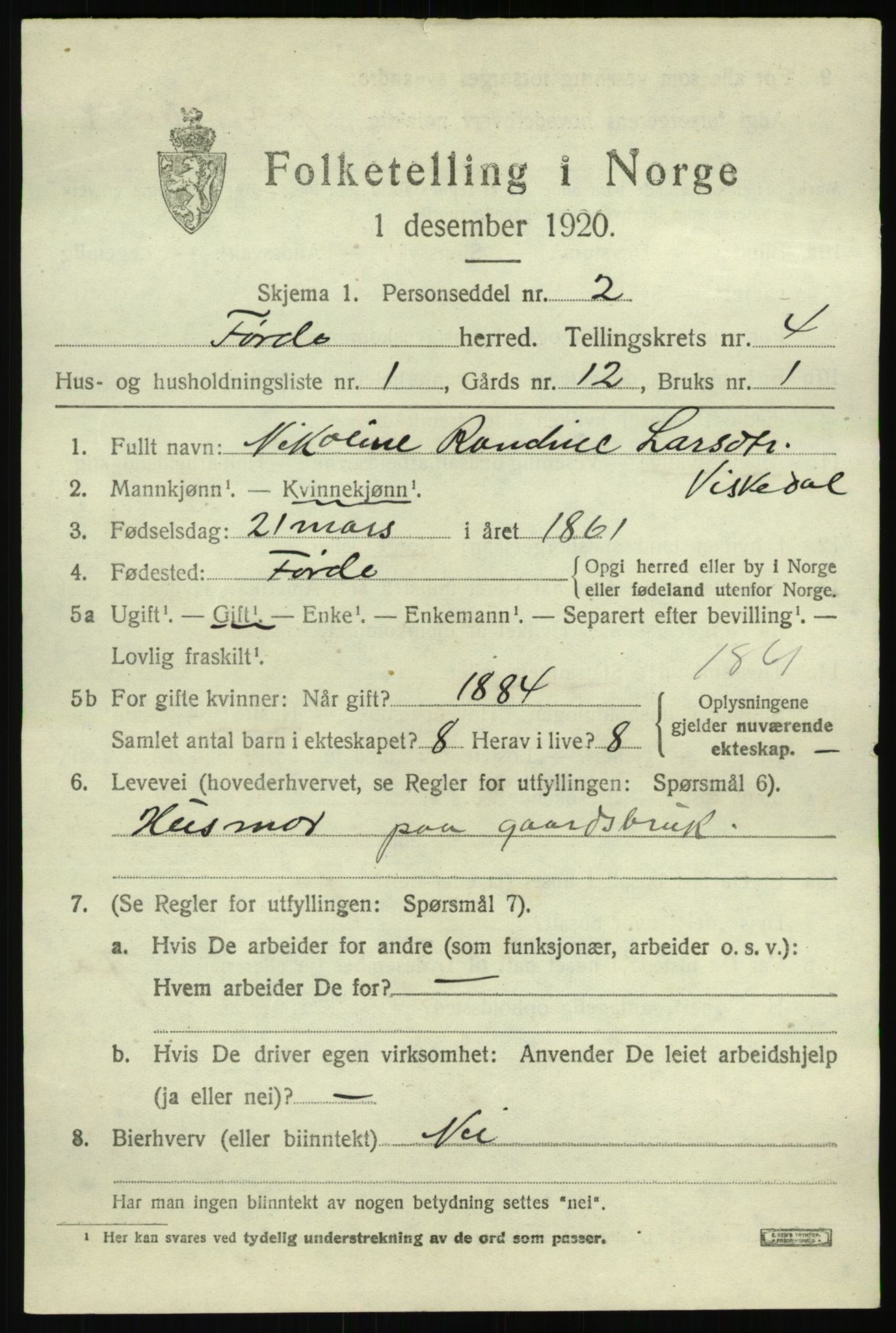 SAB, 1920 census for Førde, 1920, p. 1918