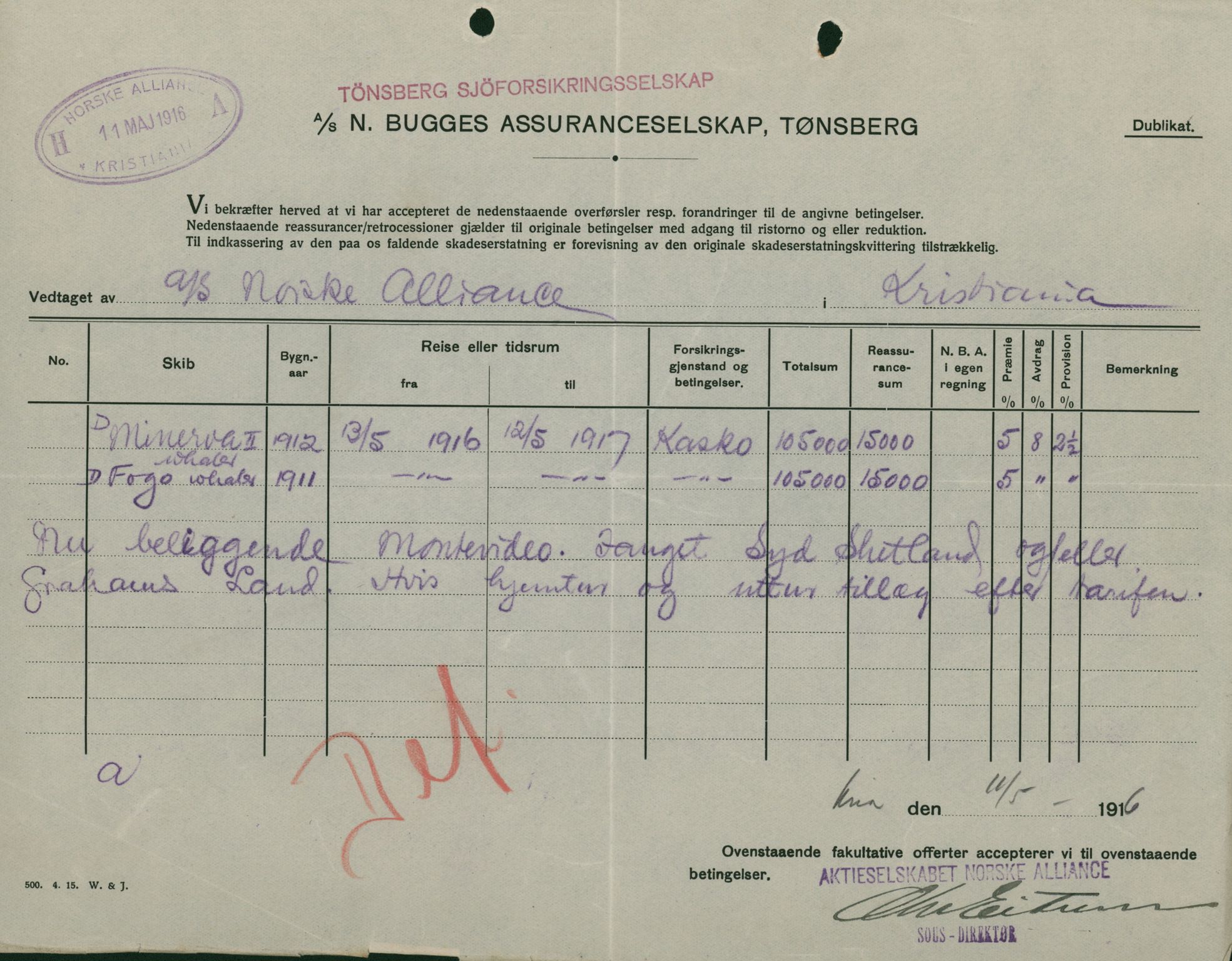 Pa 664 - Tønsberg Sjøforsikringsselskap, VEMU/A-1773/F/L0001: Forsikringspoliser, 1915-1918