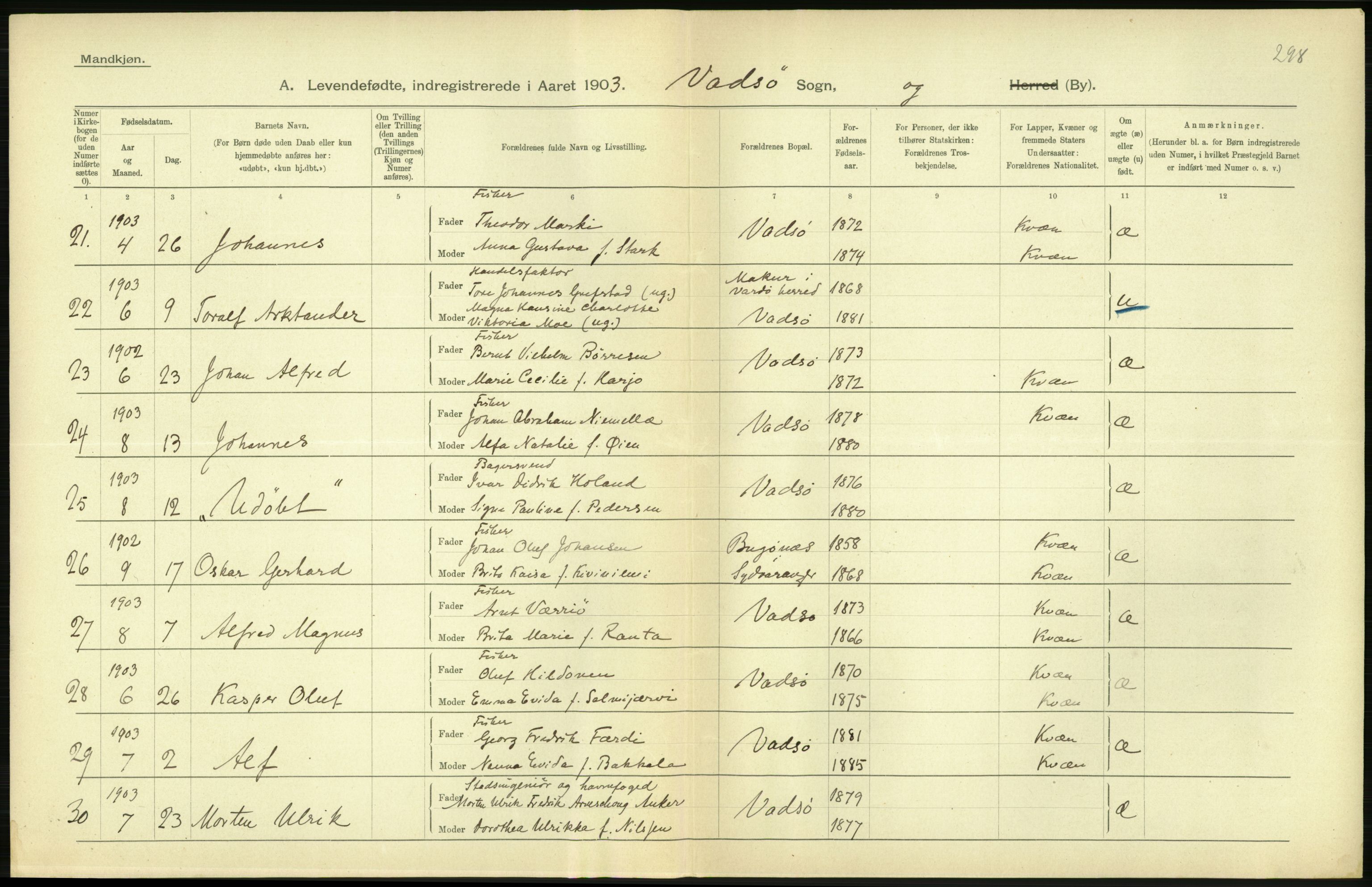 Statistisk sentralbyrå, Sosiodemografiske emner, Befolkning, AV/RA-S-2228/D/Df/Dfa/Dfaa/L0022: Finnmarkens amt: Fødte, gifte, døde., 1903, p. 128