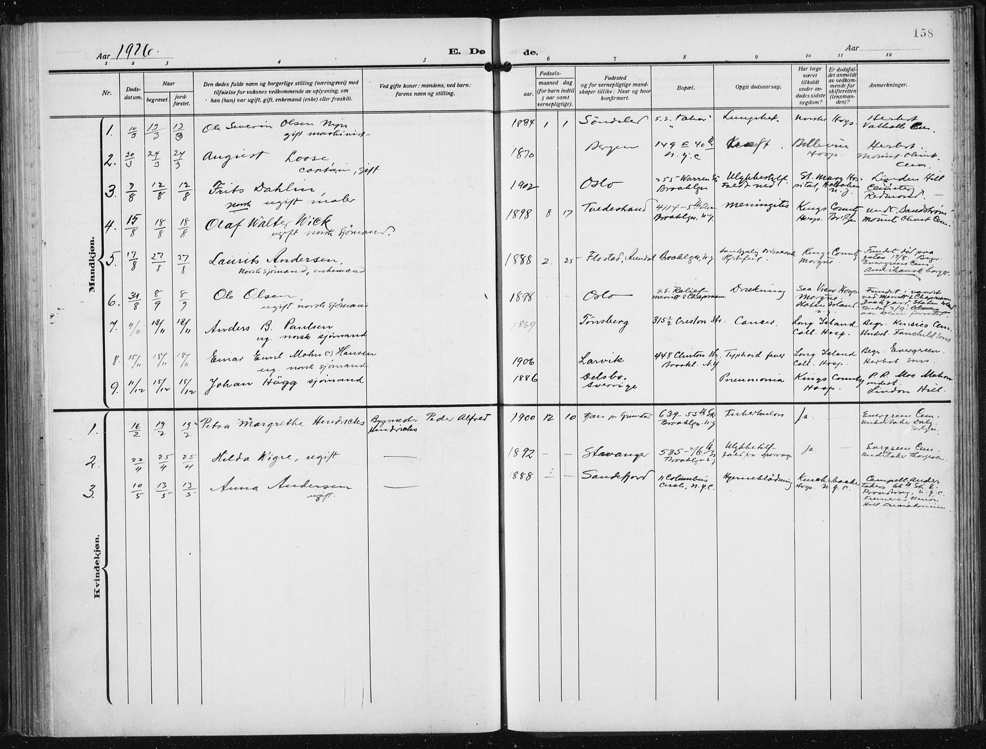 Den norske sjømannsmisjon i utlandet/New York, SAB/SAB/PA-0110/H/Ha/L0008: Parish register (official) no. A 8, 1923-1935, p. 158