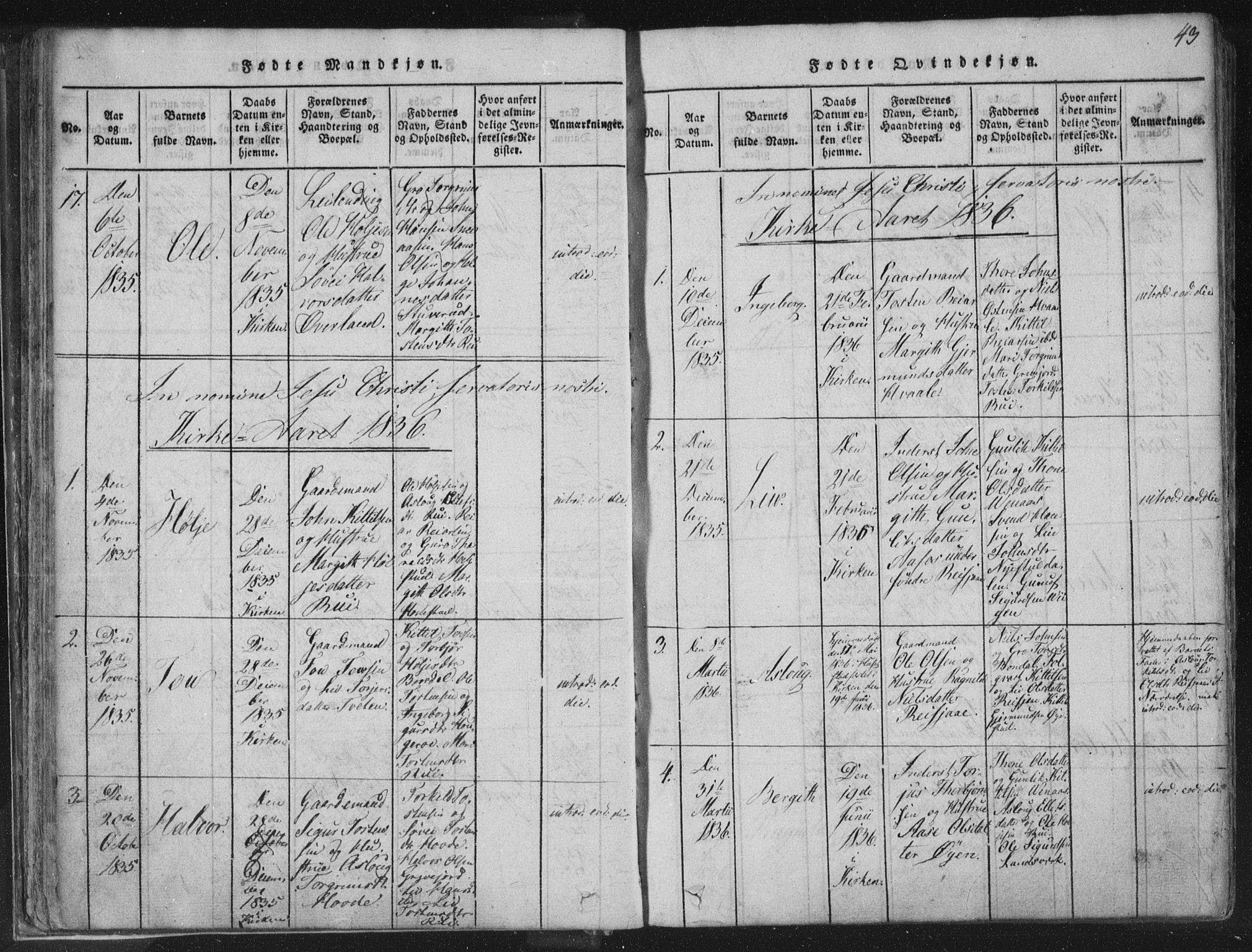 Hjartdal kirkebøker, SAKO/A-270/F/Fc/L0001: Parish register (official) no. III 1, 1815-1843, p. 43