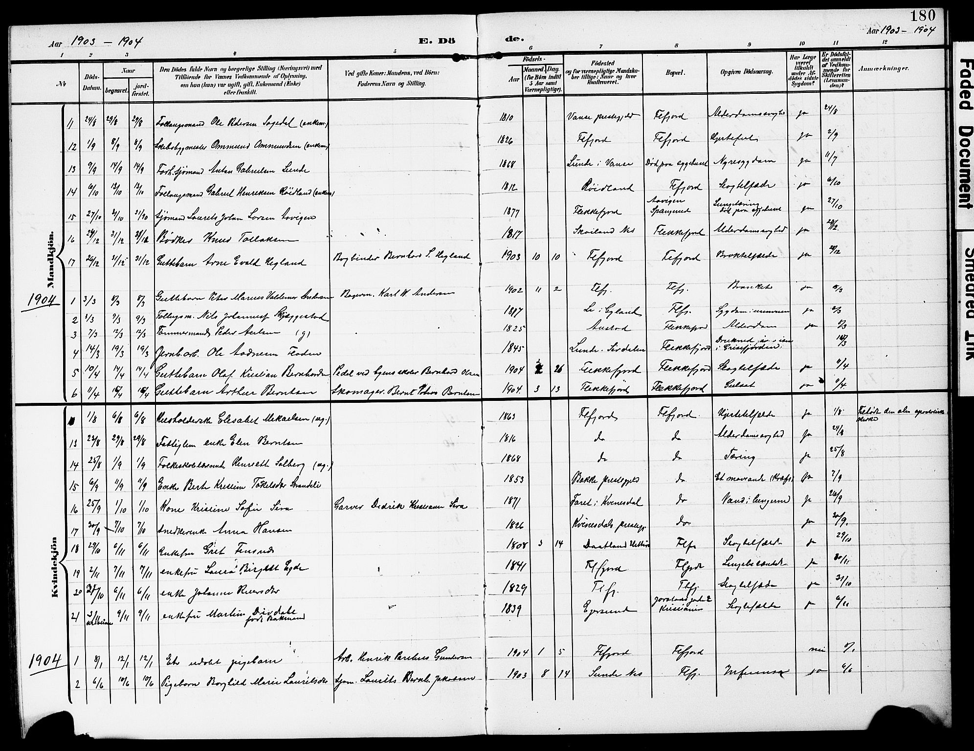 Flekkefjord sokneprestkontor, SAK/1111-0012/F/Fb/Fba/L0001: Parish register (copy) no. B 1, 1903-1931, p. 180