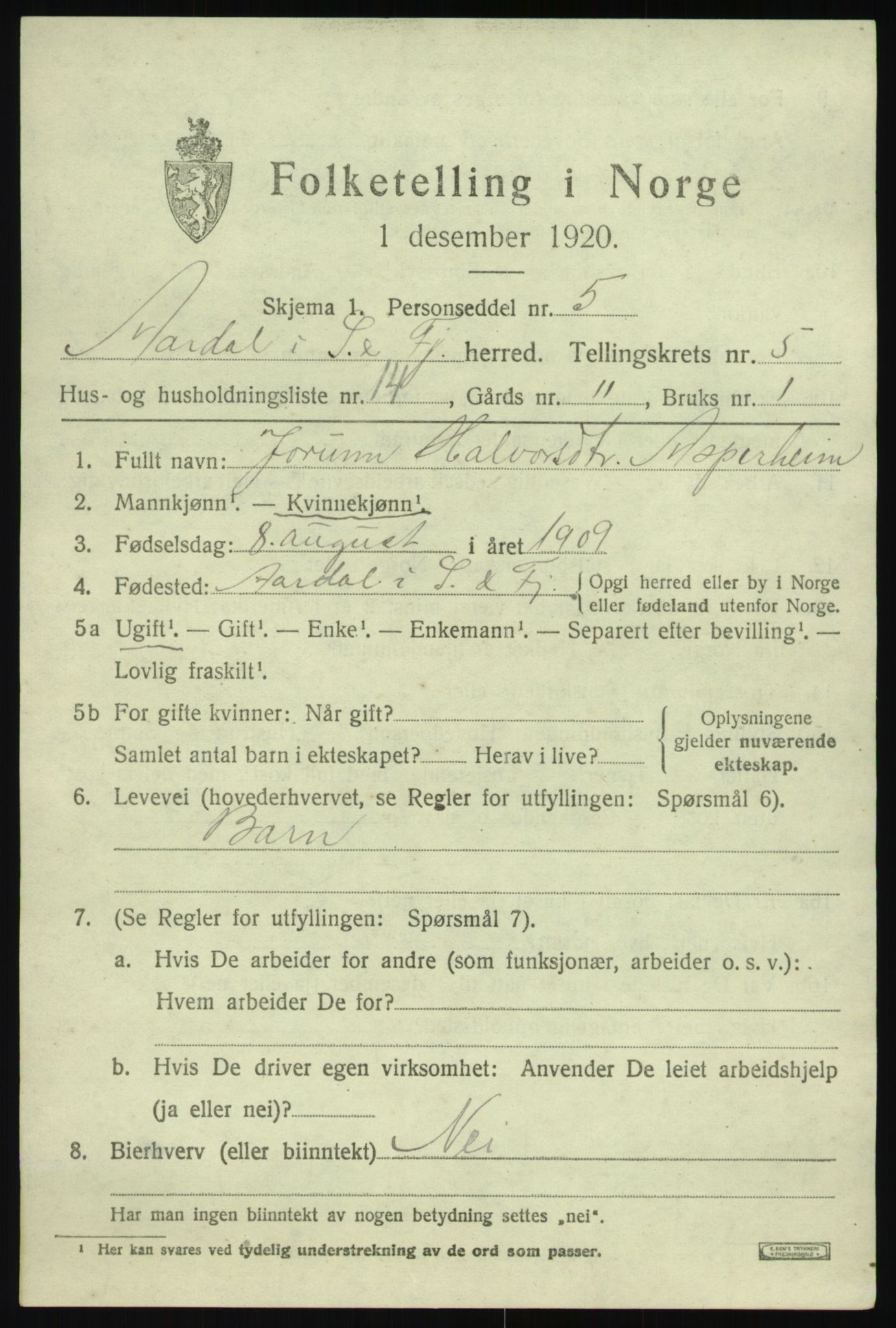 SAB, 1920 census for Årdal, 1920, p. 2969