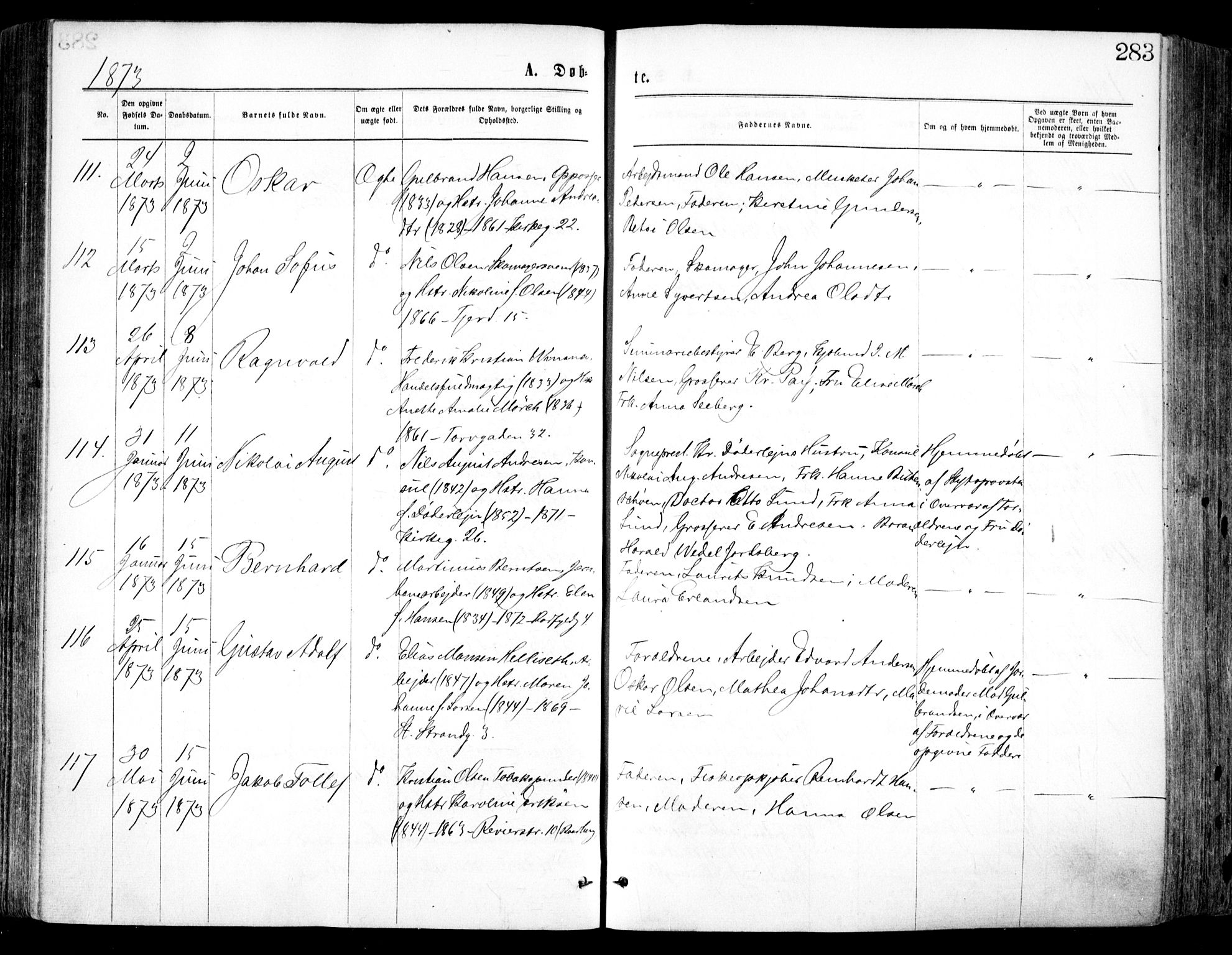 Oslo domkirke Kirkebøker, AV/SAO-A-10752/F/Fa/L0017: Parish register (official) no. 17, 1869-1878, p. 283