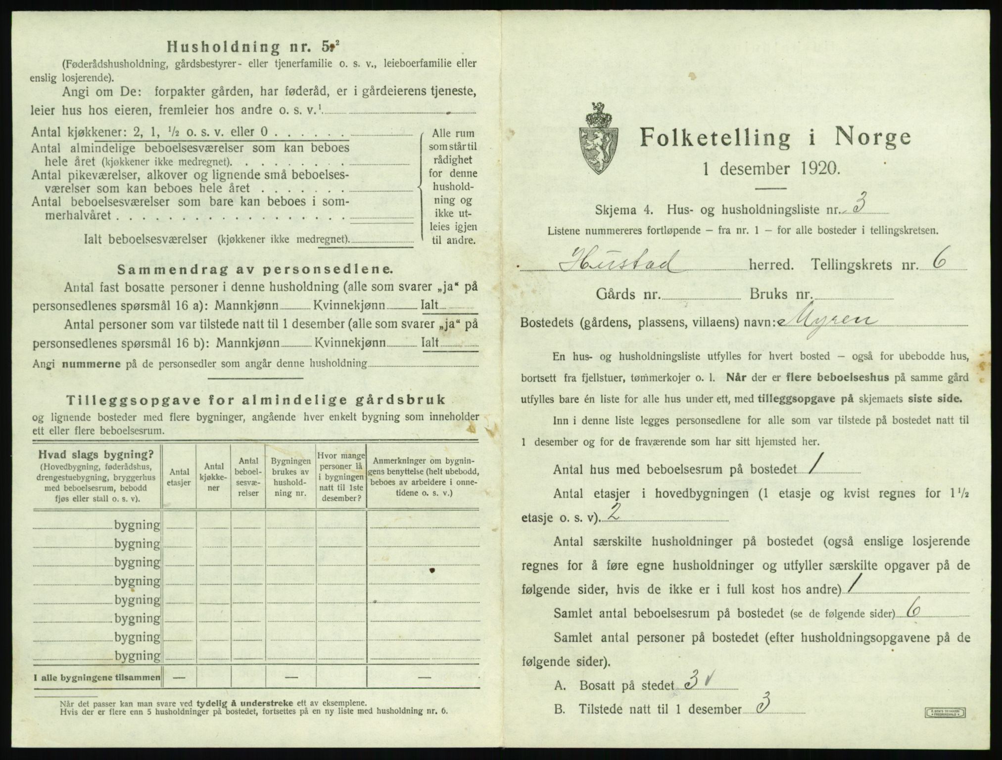 SAT, 1920 census for Hustad, 1920, p. 611