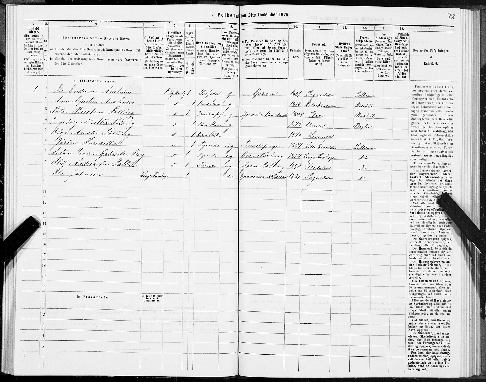 SAT, 1875 census for 1701B Levanger/Levanger, 1875, p. 72