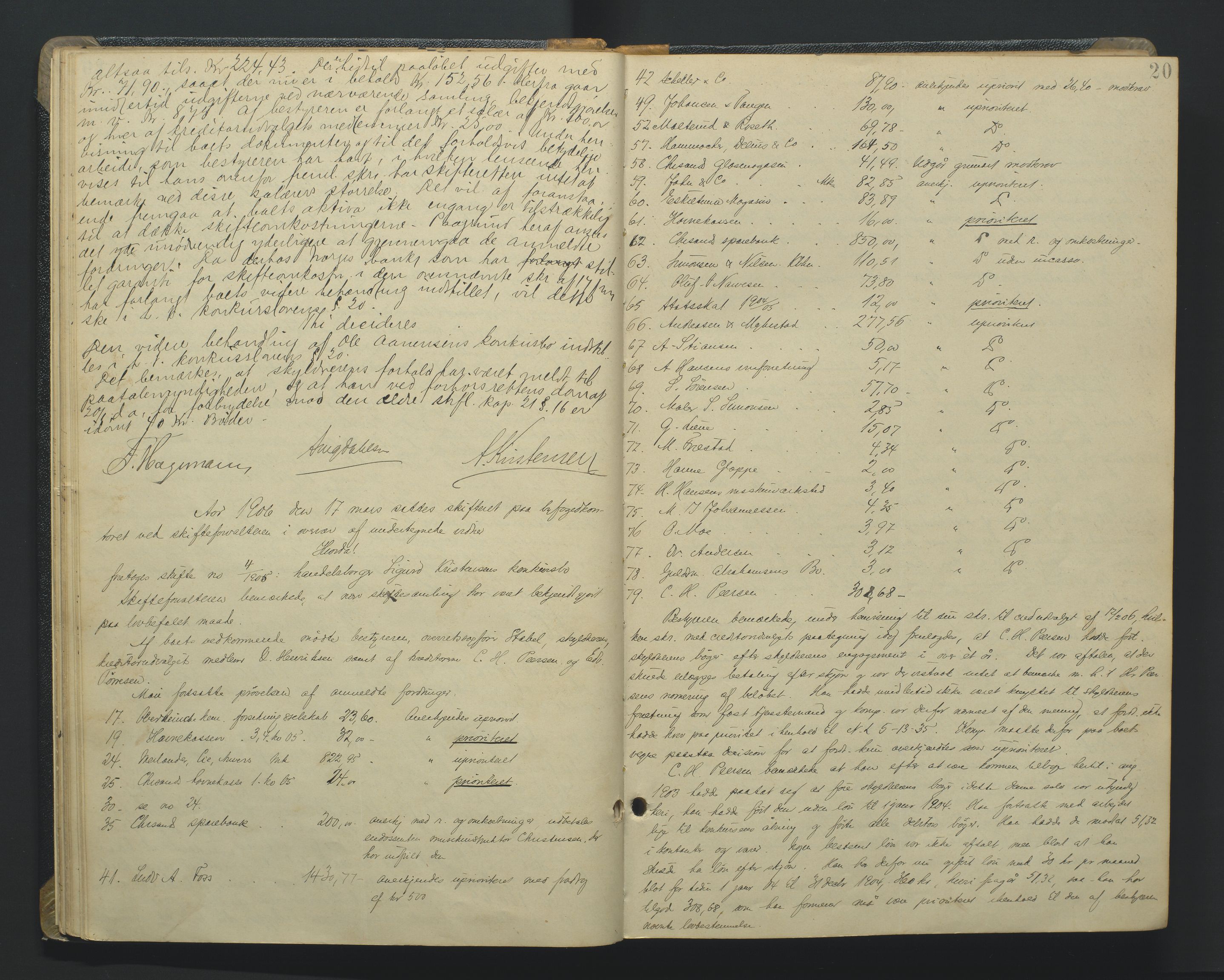 Kristiansand byrett, AV/SAK-1223-0001/H/Hc/L0048: Skifteforhandlingsprotokoll nr. 8, med register, 1905-1913, p. 20