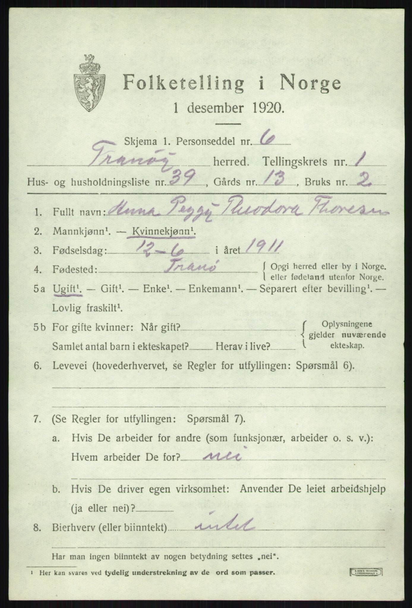 SATØ, 1920 census for Tranøy, 1920, p. 1149