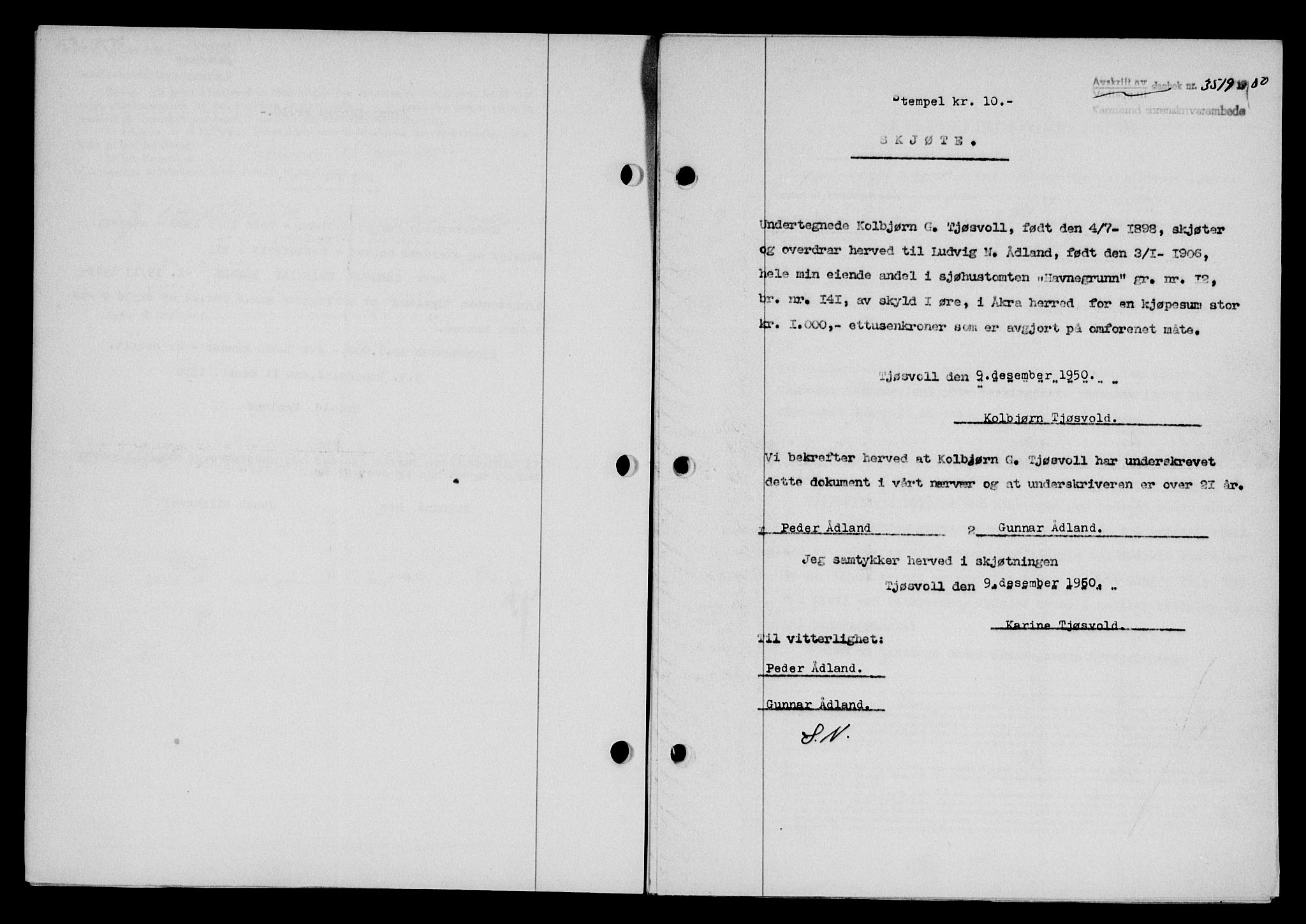 Karmsund sorenskriveri, AV/SAST-A-100311/01/II/IIB/L0101: Mortgage book no. 81A, 1950-1951, Diary no: : 3519/1950