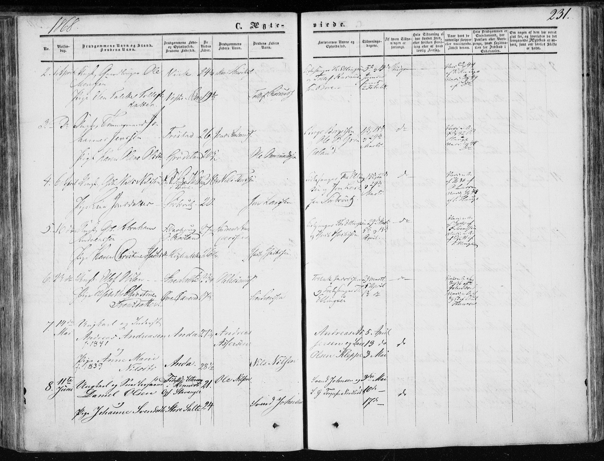 Klepp sokneprestkontor, AV/SAST-A-101803/001/3/30BA/L0005: Parish register (official) no. A 5, 1853-1870, p. 231