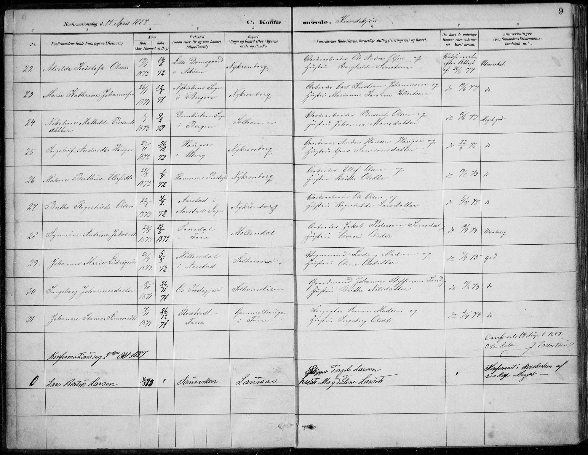 Årstad Sokneprestembete, AV/SAB-A-79301/H/Haa/L0006: Parish register (official) no. B 1, 1886-1901, p. 9