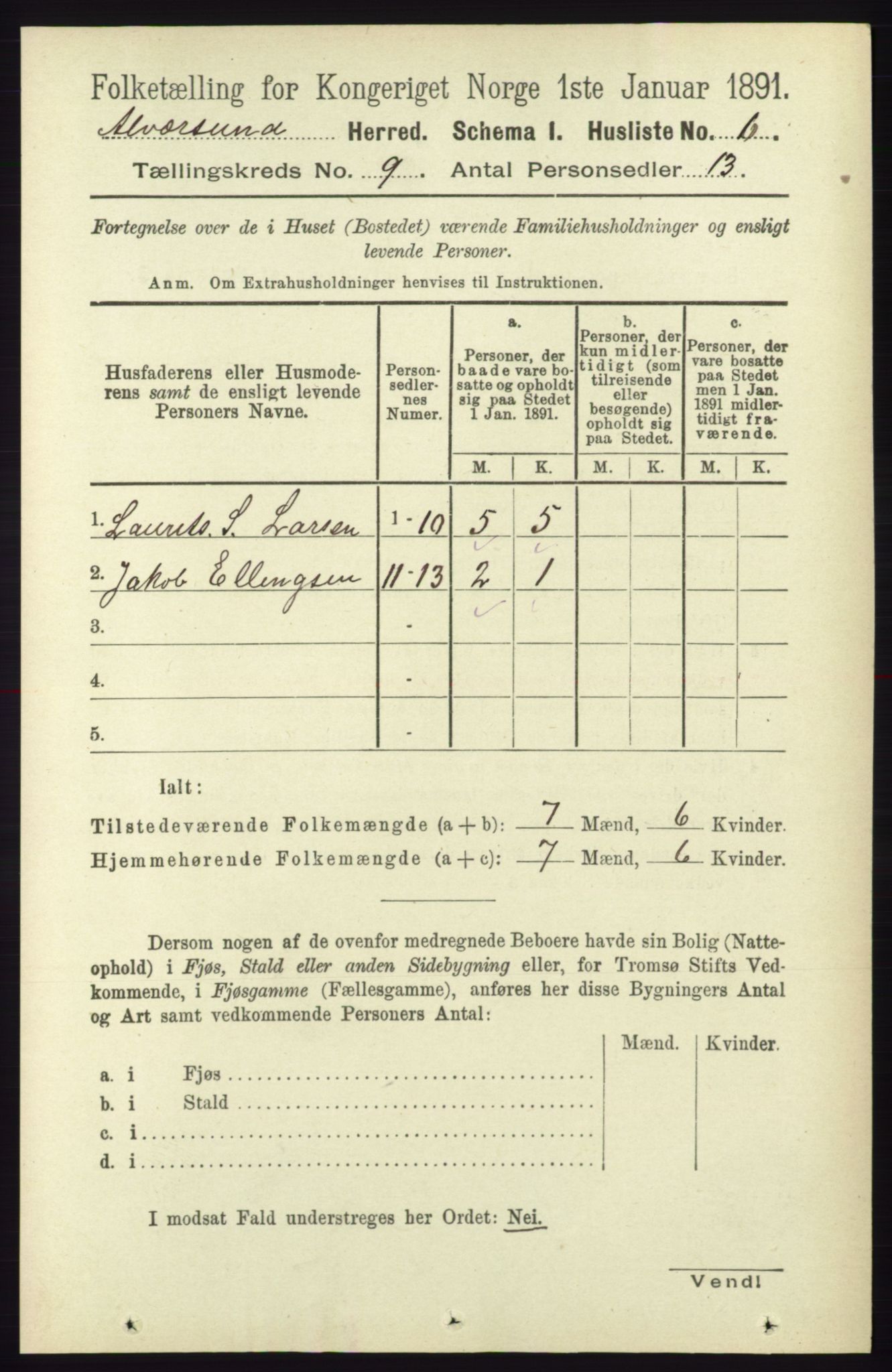 RA, 1891 census for 1257 Alversund, 1891, p. 3042