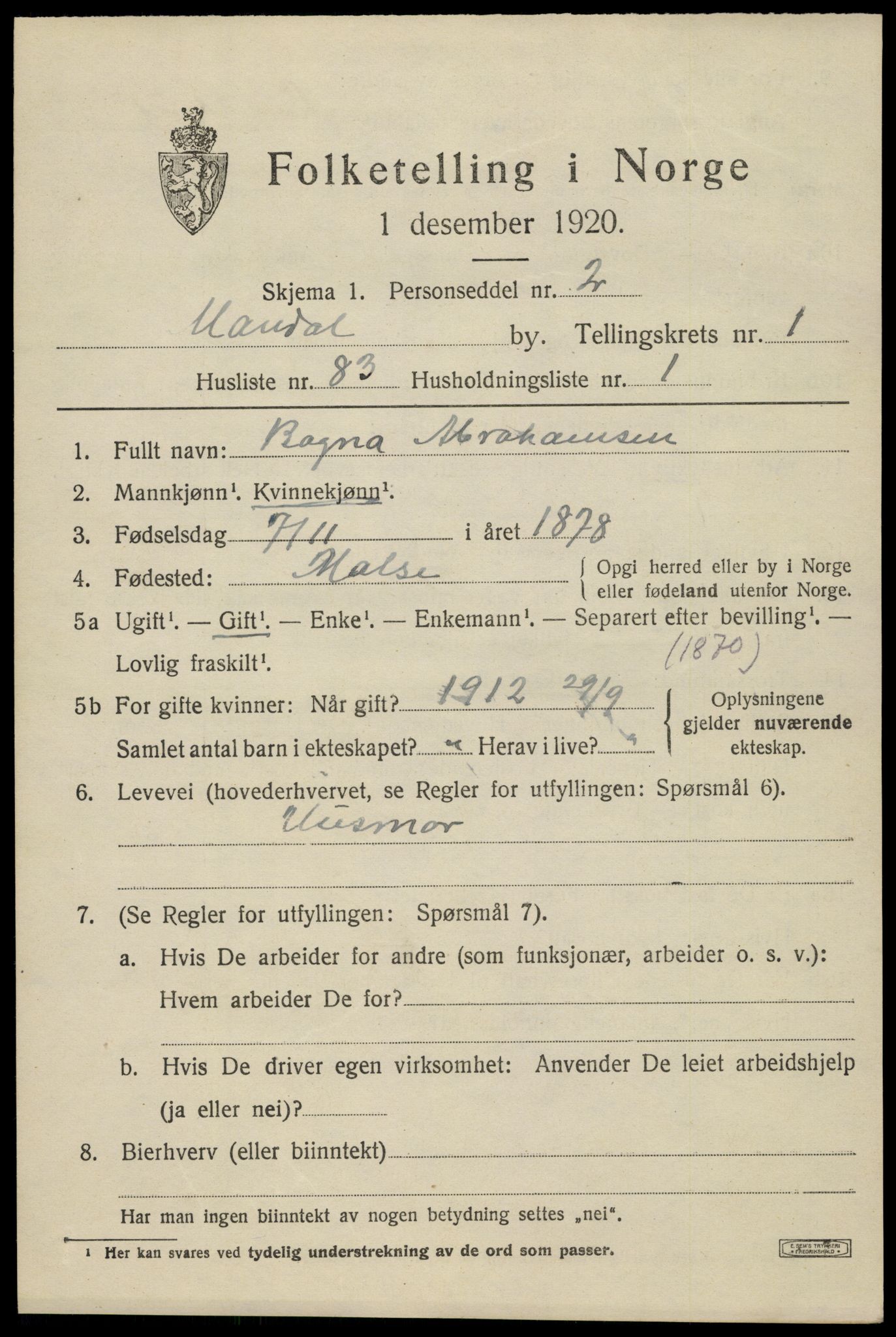 SAK, 1920 census for Mandal, 1920, p. 4095