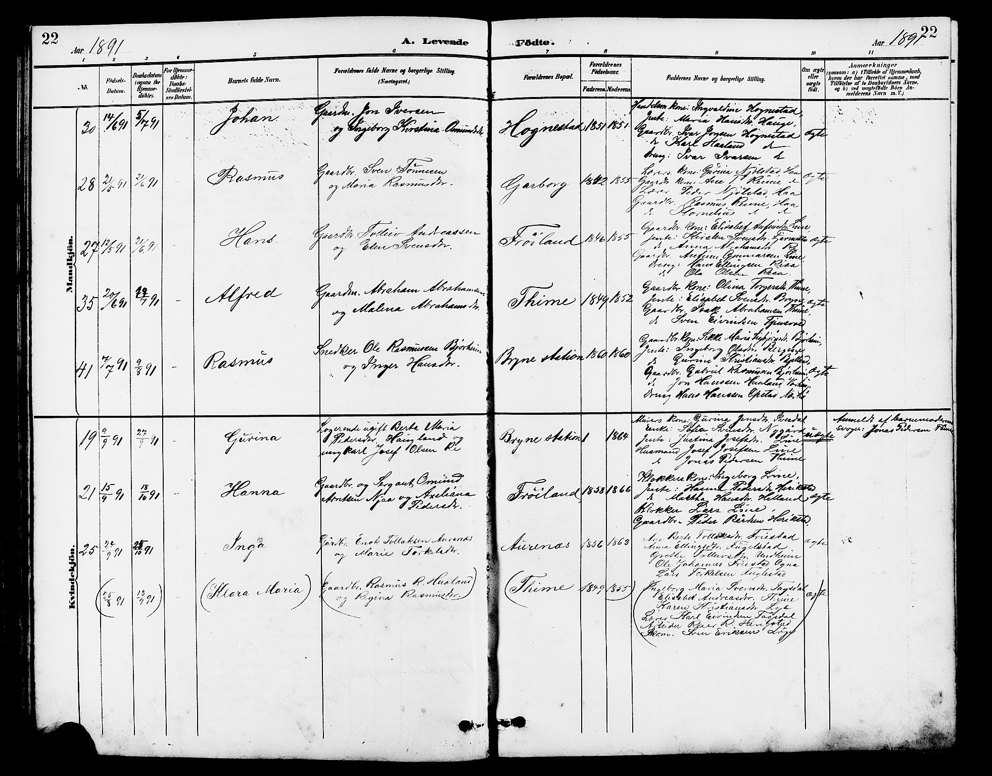 Lye sokneprestkontor, AV/SAST-A-101794/001/30BB/L0007: Parish register (copy) no. B 8, 1889-1909, p. 22